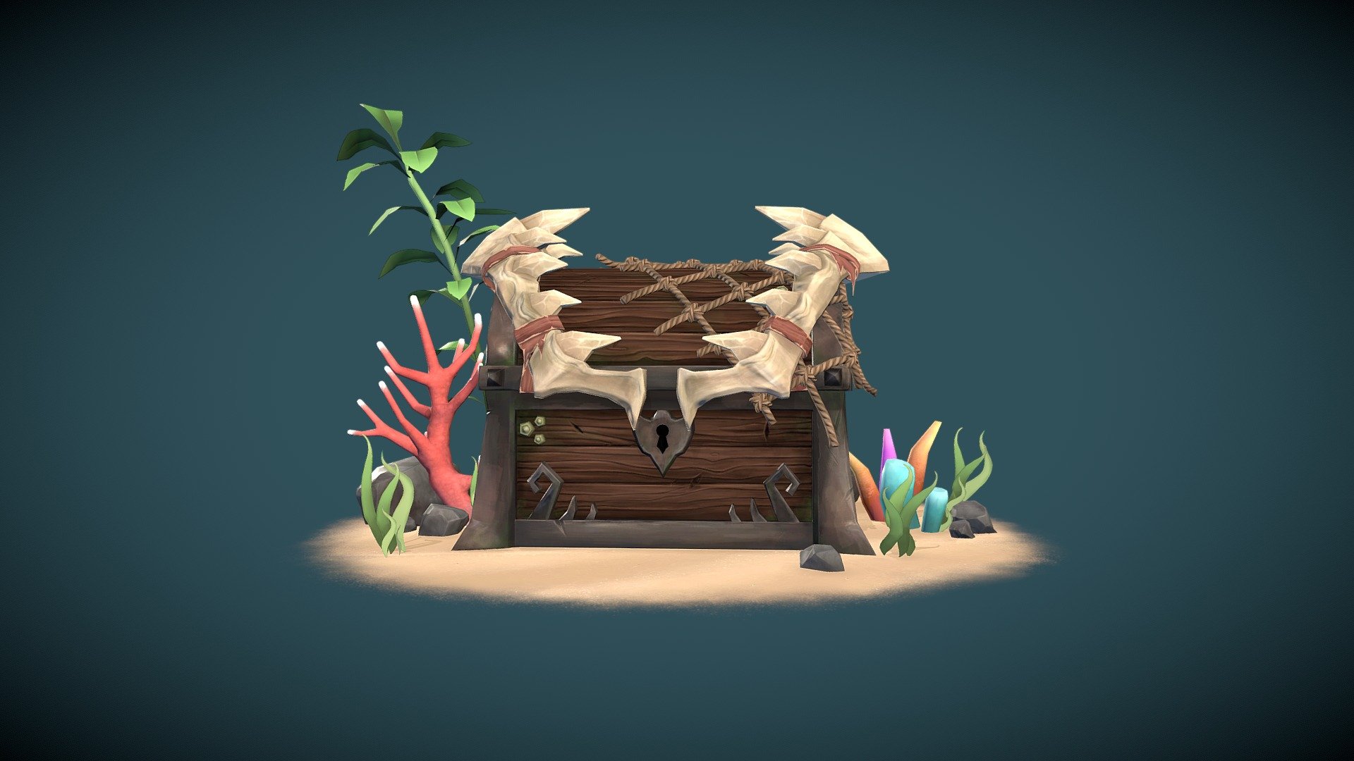 This original, handpainted, stylised treasure chest was modeled in blender, sculpted in zbrush and hand painted in substance painter.

The design is inspired by the treasure chests and corals seen in Sea of Theives the game 3d model
