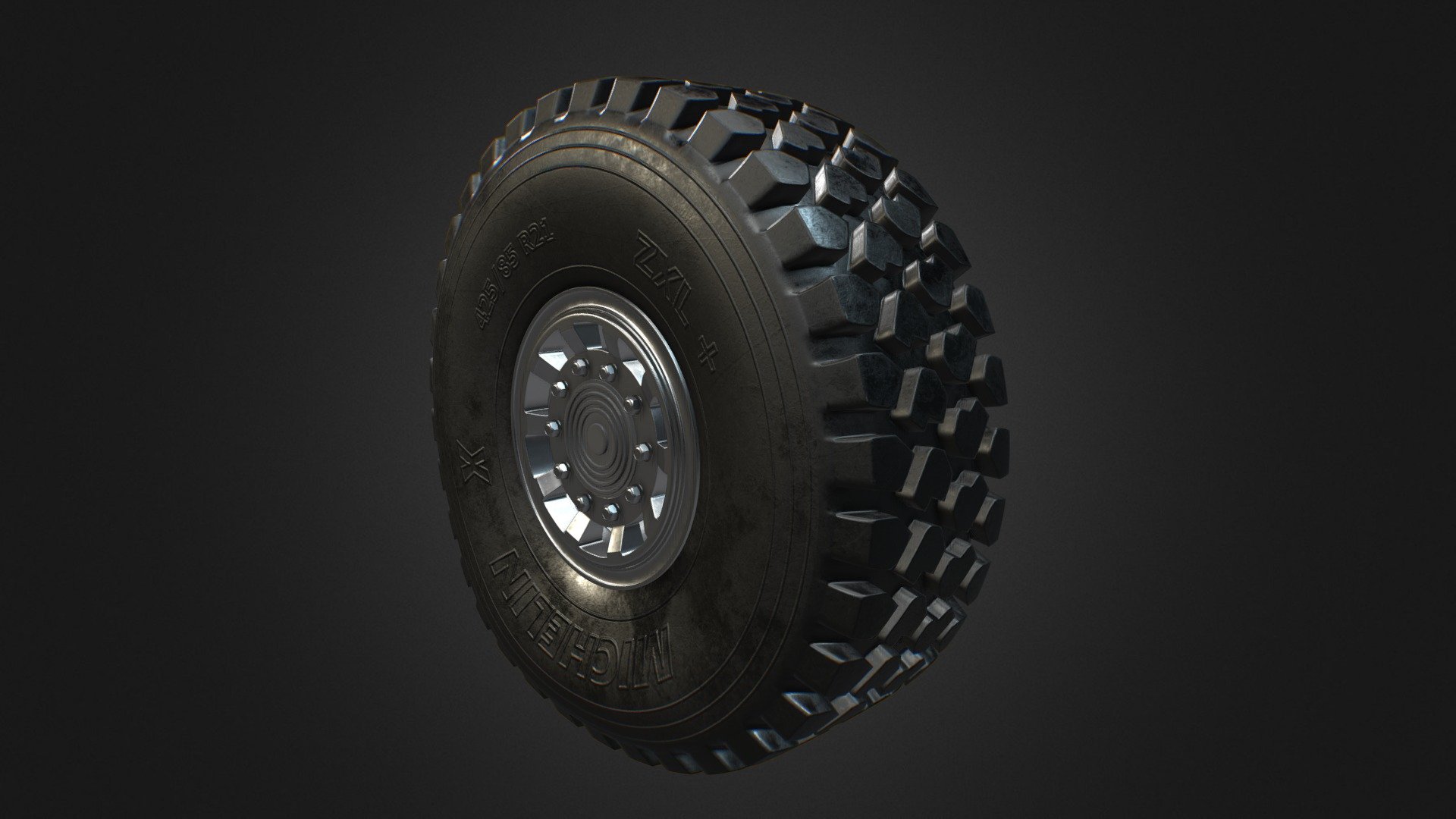 MICHELIN X OFFROAD TYRE 3d model

Dakar trucks (like Kamaz team etc.) and special military trucks (like Falcatus) use this tire.

MICHELIN X OFFROAD TIRE 3d model is a high quality and photo-real model. It has a fully textured, detailed design that allows for close-up renders so it will enhance detail and realism to your projects.

WHAT DO YOU GET:
- Two types of a wheel model: loaded rubber  (pressured) and unloaded rubber (not pressured)
- 4 different PBR shaders (metallic/roughness) of a clean rubber for every wheel (4x color maps, 4x metallic maps, 4x roughness maps, 4x normal maps, 4x height maps) which you can use in every contemporary renderers and game engines.

SPECIFICATIONS

Tire: 26,112 polygons
Disc: 11,500 polygons
Screws: 2,010 polygons
Cap: 1,679 polygons

All textures have a 4k resolution (4096x4096 pixels)

All parts of the model have a UV mapping and Non-overlapping unwrapped UVs 

Hope you like it and happy rendering! - MICHELIN X OFFROAD TIRE CLEAN - 3D model by Arseny Lavrukhin (@alav) 3d model