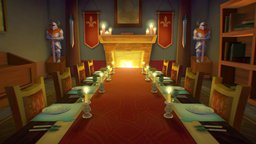 Medieval Interior room, fireplace, medieval, cartoony, candle, table, hall, dinning, bg, handpainted, lighting, gameart, light, environment