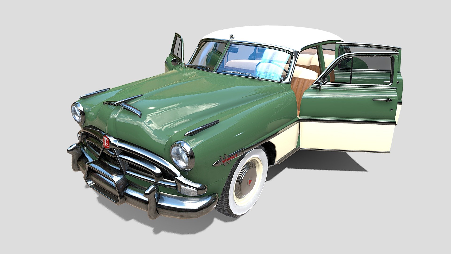 4 Door Hudson Hornet with detailed interior 3d model, rendered with Cycles in Blender, using PBR textures, as per seen on attached images. 
The 3d model is scaled to original size in Blender.

File formats:
-.blend, rendered with cycles, as seen in the images;
-.blend, with doors open, rendered with cycles, as seen in the images;
-.obj, with materials applied;
-.obj, with doors open, materials applied;
-.dae, with materials applied;
-.dae, with doors open, materials applied;
-.fbx, with materials applied;
-.fbx, with doors open, materials applied;
-.stl;
-.stl, with doors open,

3D Software:
The 3D model was originally created in Blender 3.1 and rendered with Cycles.

Materials and textures:
The models have materials applied in all formats, and are ready to import and render.
Materials are image based using PBR, the model comes with three materials, with five 4k PBR png image textures each corresponding to:
-exterior;
-interior;
-wheels; - 4 Door Hudson Hornet with interior v2 - Buy Royalty Free 3D model by dragosburian 3d model