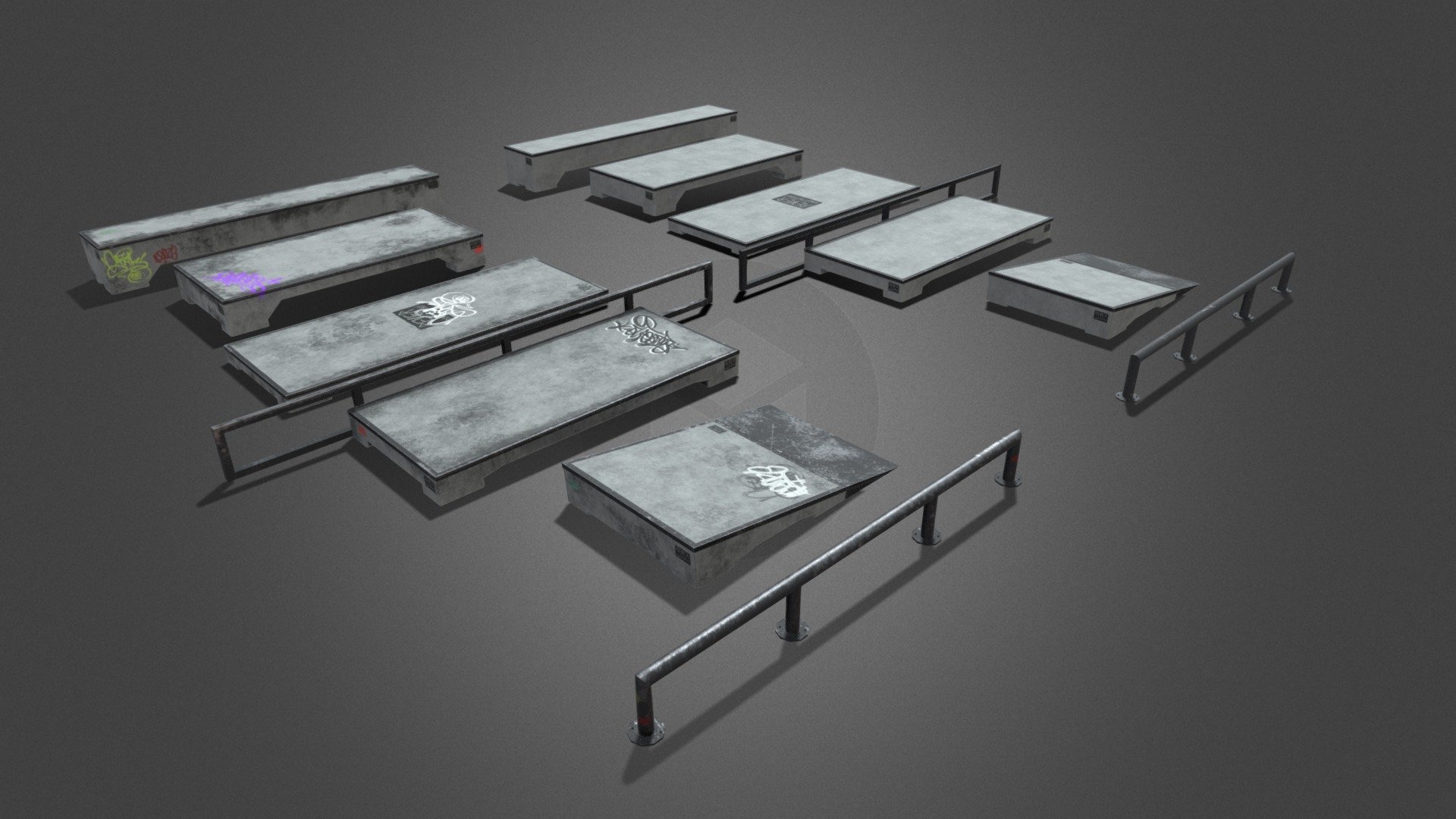 Skate Obstacles
- 2 texture sets : New and used
- Every obstacle has its own 2K texture set

Game ready assests
Moveable skate obstacles, you can set them as you like. Combine them etc 3d model