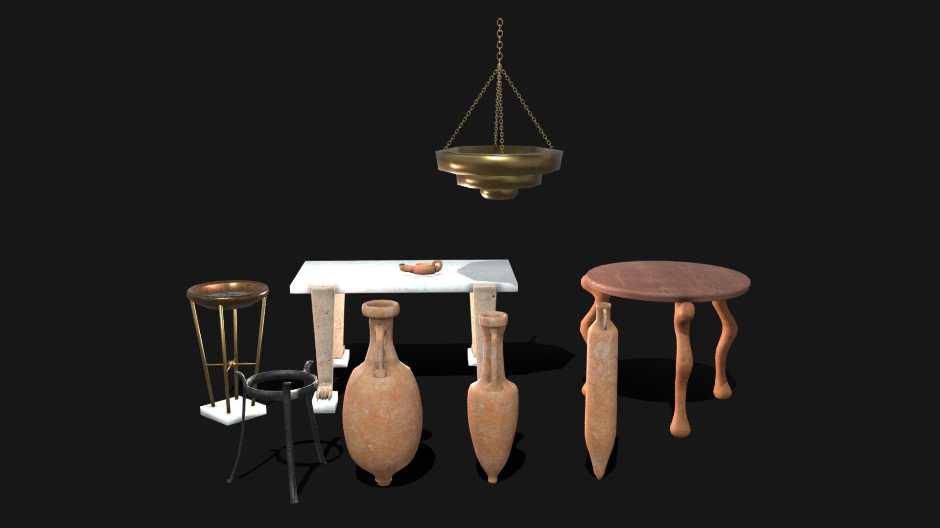Low poly Roman villa pack.

Consists of three (3) different amphoras; three sources of light (3) and two (2) tables.

Props can be used in historically accurate scenes or any other game environment.

PREFABS:

Amphora01 - Amphora; Roman IV Century A.D.

Amphora02 - Amphora; Roman, I Century B.C. aka Dressel 1A

Amphora03 - Amphora; Roman, I Century A.D. aka Dressel 6B

Lucerna – table light

Lux01 - metal brazier

Lux02 - ceiling lantern

Mensa01 – triclinium (dining room) table

Mensa02 – office table

Stand - to place amphora - Roman furniture: Roman villa pack - Download Free 3D model by Albert Gregl (@AlbertGregl) 3d model