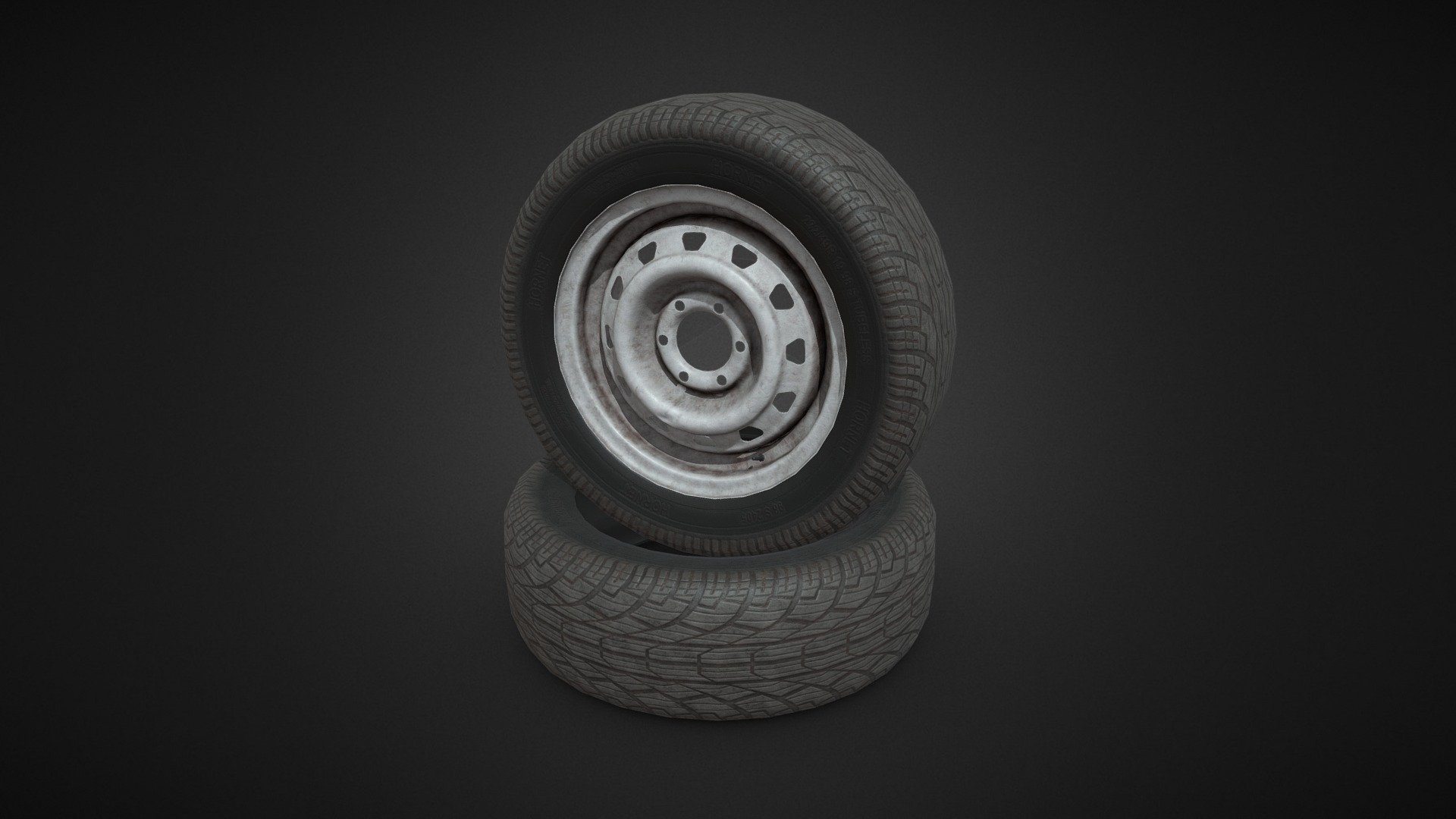 The wheel is made in blender. It was painted in Substance Painter. 
disk: 7994 tris; Tire: 1260 tris; Pump: 138; total: 9392 tris.
Textures: 2048x2048 for disk and tire, 1024x1024 for pump 3d model