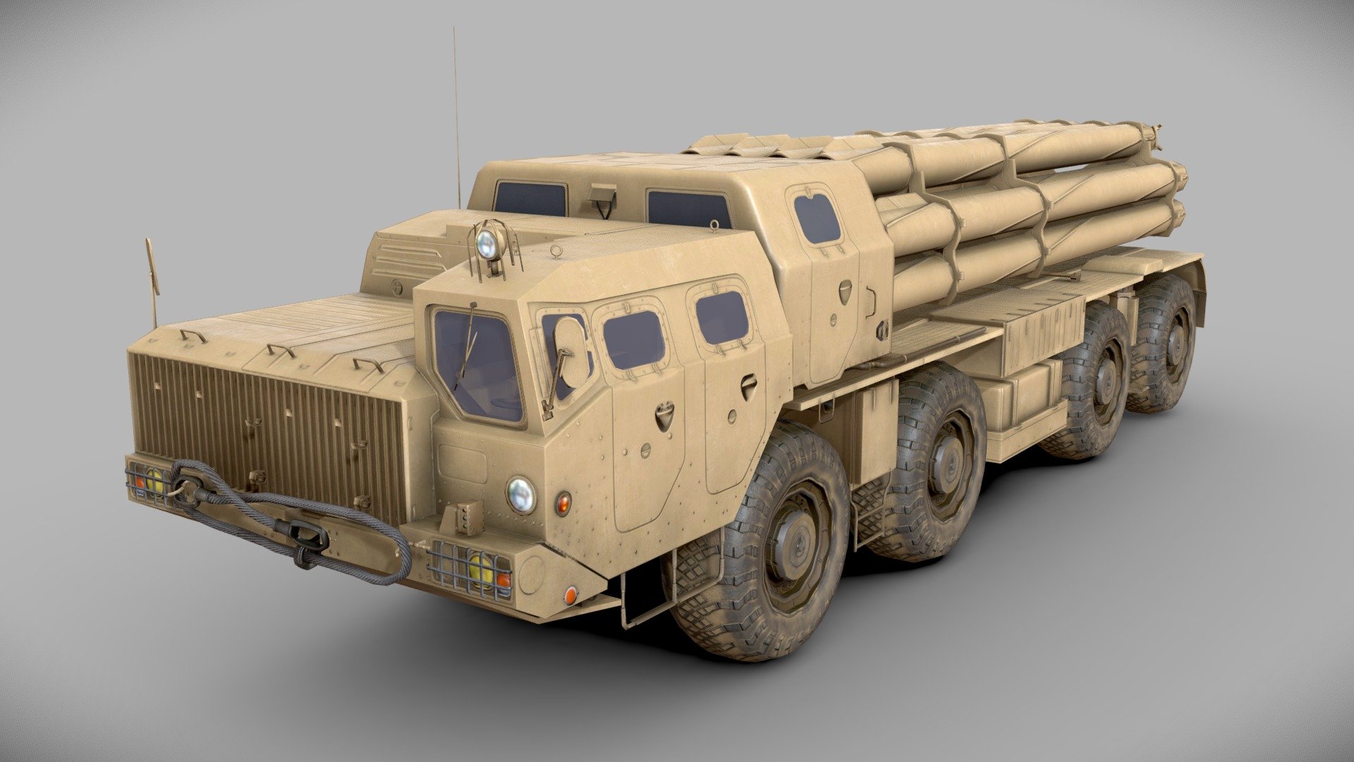 BM-30 Smerch 9A52 MLRS 
One of the strongest motorized multirocket launcher systems. 
Originaly invented by the Sowjet Union around 1980, today mainly used by Russia, Ukraine and China

Lowpoly: 12.750p

Highpoly and more to this model here - Artstation: https://www.artstation.com/artwork/yJVBVx - BM-30 Smerch 9A52 MLRS - 3D model by Jonas Schramme (@JonasSchramme) 3d model