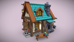 Blacksmith and his home cute, hammer, small, logs, dwarf, upgrade, table, stall, blacksmith, anvil, furnace, roblox, pixel-art, blockbench, low-poly, weapons, voxel, house, pixel