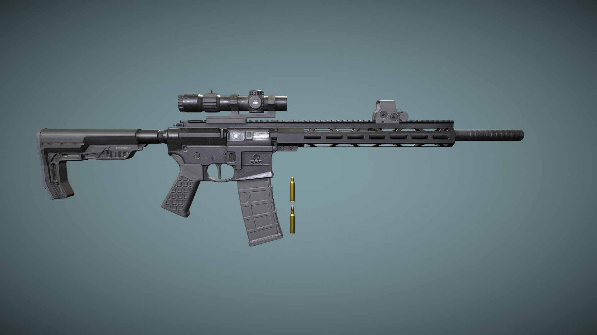 Ar15
Made in Blender and Zbrush. Baked in Marmoset Toobag 4 and textured in Adobe Substance Painter.

It's fully modular system. I was trying to make separate textures for all additional things
ArBody: 15k triangles and 4k texture

Bullet_low 1308 triangles for both and 512X512 texture
Suppressor 236 triangles and 2k texture 
Magazine 2184 triangles and  2k texture 
Holosight 6k triangles and 4k texture 
7k triangles for Scope and Rail. 4k texture for Scope 1k for Rail.

Free to use!
Also check this  link tree for more stuff 3d model