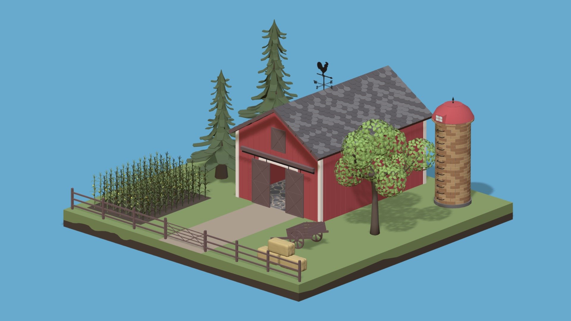 Hi everyone !

I am pleased to present to you this farm which will blend in with any decor of this style ! You can integrate this mini scene in all your games or animations and create a unique decor of which only you have the secret ! This pack contains:

A barn
A silo
A cart
Straw bale
A cornfield
Fences and a gate
A tree and firs
A weather vane
In fact, everything you see in the images above.

Let your imagination take you ! Enjoy ! - Farm - Buy Royalty Free 3D model by ApprenticeRaccoon 3d model