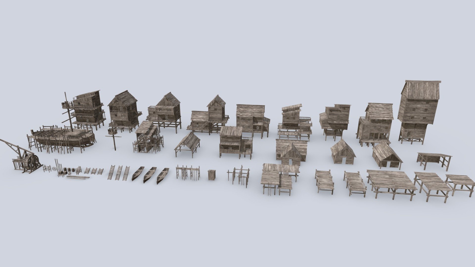 This modular set allows you to create pirate town,fishing town or any medieval scenes of cities.
The set uses seamless and tiled textures, so you can easily apply your own texture to get your own design and look. Every part is neat and polished. Clean wireframe.Every detail is worked out by hand.Designed to be modifiable.Includes 16 wooden buildings,barrels, boats, crates and other furnishings. In total 54 objects. The model is suitable for creating a game. The model is detailed inside and out.
Purchase:
https://www.artstation.com/a/19958225 - Pirate Town Pack - 3D model by Crazy_8 (@korboleevd) 3d model