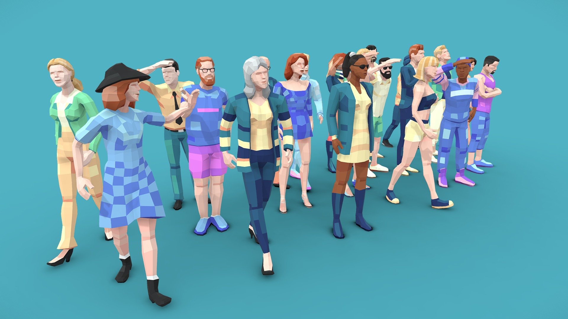 A bundle of 20 Low Poly style characters. City people to populate your downtown scenes. Suitable for explainer animations, ArchViz and especially web or mobile apps. Created with 3ds Max 2022, and Rigged using Biped + Skin. Get the additional .ZIP file for the natives as .MAX, .FBX (and Max/Fbx/Obj in T-Pose). Easy texture switching and customisation with UV  px Poly Paint Script 

UPDATE: Just added 20+ alternative textures!



This set is already part of the bigger 100-Mega-Pack, check it out!.
Learn more and get free sampels on my website.
Compatible animations here: Free Animations .BIP, .FBX .MAX - Downtown People Low Poly 3D Characters Pack - Buy Royalty Free 3D model by Denys Almaral (@denysalmaral) 3d model
