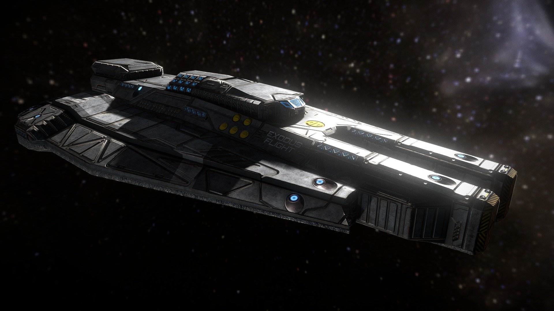 The Exodus Flight, a colony spaceship I made for the Epic Megajam 2020 gamejam entry my team did. 
This is a post-jam model, for cinematics planned to be added in an update.
This model's texture is spread over two 4k maps for medium range shots.

The ship design is based off my other team member, Gaspard Hünenberger's model of the ship.

The game's page is here:
https://harrisonleon.itch.io/exodus-flight - Exodus Flight Spaceship - 3D model by Lynx88 3d model