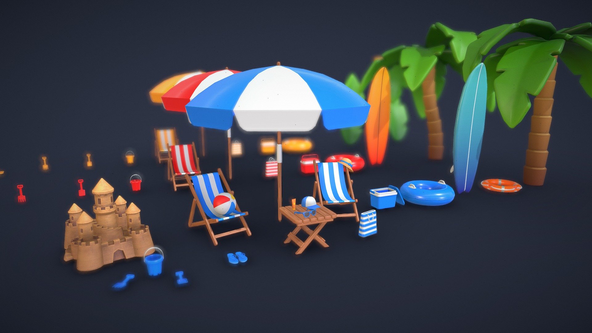 Pack of 44 different models for beach

Pack include:




Beach Bag - 1 548 tris

Beach Ball - 768 tris

Beach Chair - 1 066 tris

Beach Slippers - 2 052 tris

Beach Table - 848 tris

Beach Umbrella - 824 tris

Bucket - 1 784 tris

Cap - 784 tris

Cooler - 1 480 tris

Lifebuoy - 3 152 tris

Palm Tree - 4 200 tris

Rake - 516 tris

Sand Castle - 3 055 tris

Shovel - 420 tris

Sun Hat - 1 416 tris

Sunglasses - 952 tris

Sunscreen - 526 tris

Surfboard - 696 tris

Swim Ring - 1 408 tris

Diffuse, Normal, Roughness and Metalic textures

2048 x 2048 PNG textures

AR / VR / Mobile ready - Big Beach Pack - Buy Royalty Free 3D model by Andrii Sedykh (@andriisedykh) 3d model