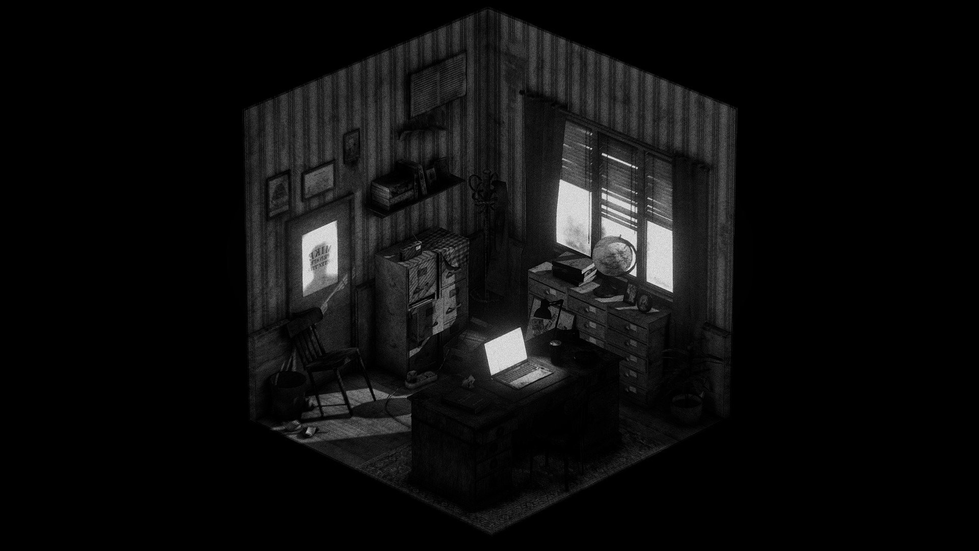 Hello there,

It's been a long time since I uploaded some project on Sketchfab. I was very inspired by the Isometric Room Challenge, so here we go :) 

I always wanted to create that kind of Film Noir Atmosphere, so I jumped on the occasion.  #Isometric2020Challenge

**Music credit : **
MusicByPedro
341 S. College Rd, Ste 11
PMB 2038
Wilmington, NC 28403 - Detective in trouble (Isometric Room Challenge) - 3D model by Mickael Boitte (@boittemike1) 3d model