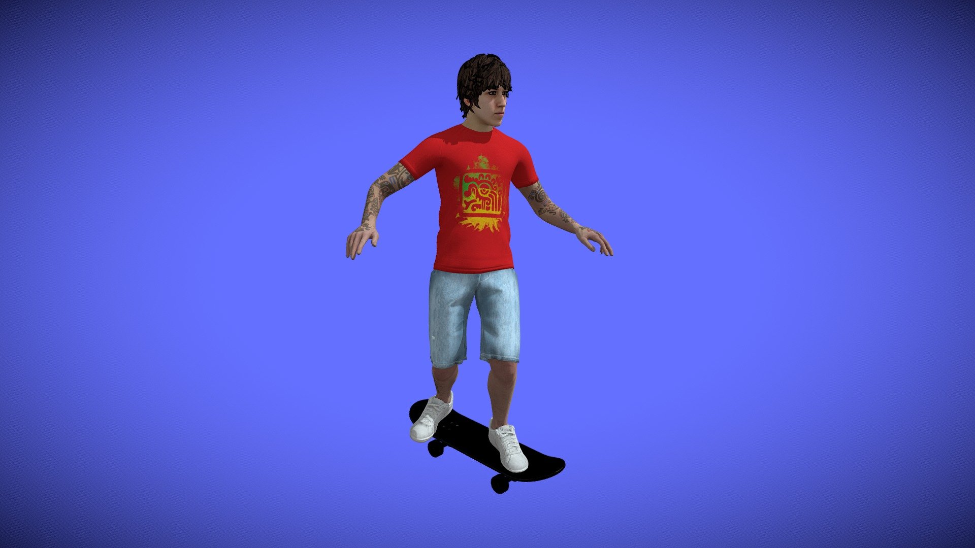 A short looped animation shows a tatooed skater boy riding a black skateboard at 30 frames per second.

See this 3D model in action, and more models like it, in this collection of free augmented reality apps:

https://morpheusar.com/ - Animated Tattooed Skateboarder Character Rides - 3D model by LasquetiSpice 3d model