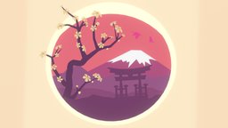 Japanese Mountain scene tree, birds, flower, japan, vintage, mountain, sun, view, sunset, concept, light