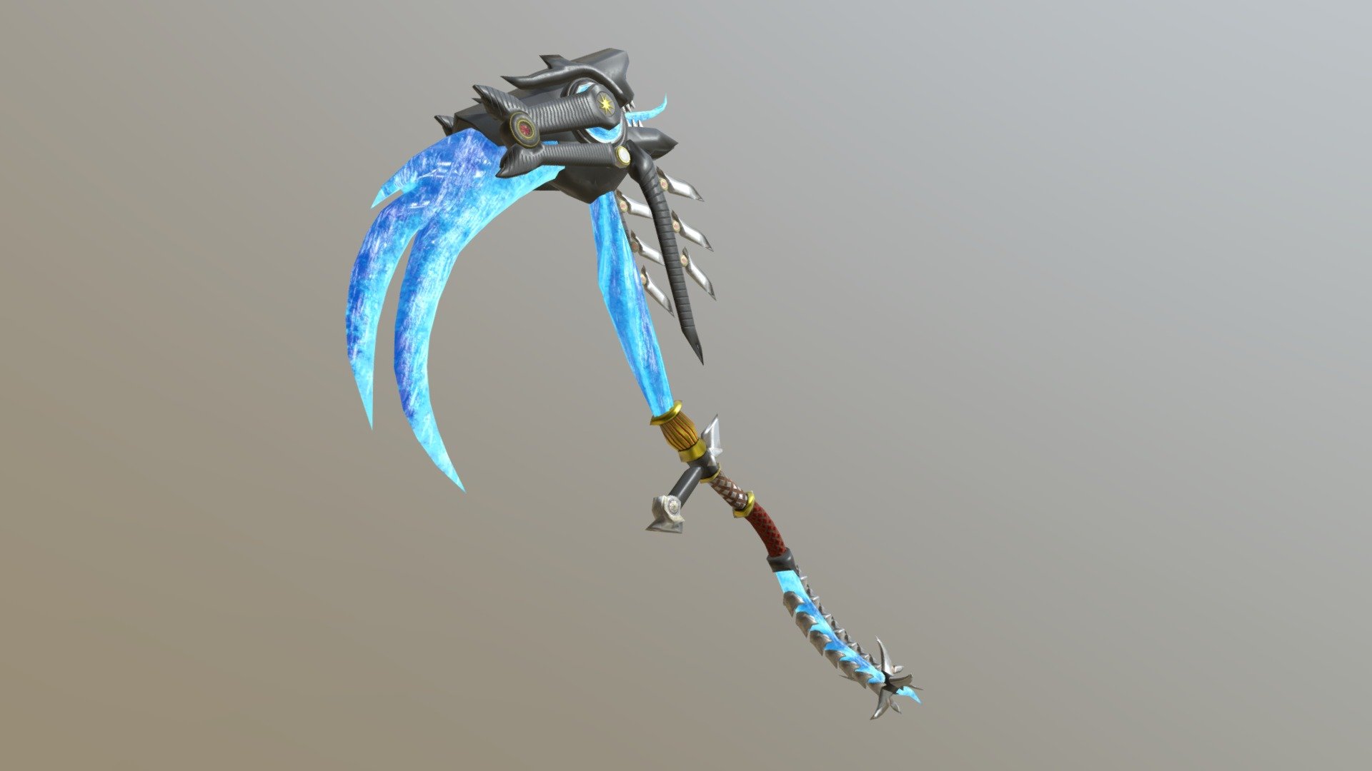 This Demonic Glacier Scythe.

lowpoly: 6926 Tris.

Texture Maps in 2k and 4k included.

The scythe has a PBR Metal workflow. 6 texture maps.: ( 4k and 2k versions)
- Base Color
- Roughness
- Metallic
- Normal
- Height
- Emissive

Please leave a Like or a Comment if you like the model. In that way you would help me alot.

pm me if you need more information about the model

Thank you!

**this model is based on My.Com Games Scythe
https://sketchfab.com/3d-models/legendary-necromancer-weapon-2232bf8e23134b0b8d1eb9b23886eccc?ref=related - Legendary Scythe - 3D model by Joel (@JoelKilb) 3d model