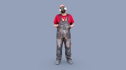 Bald Worker in a Respirator bucket, standing, concrete, cyberpunk, mixer, worker, labor, professional, uniform, builder, cement, relax, overalls, respirator, handsinpockets, man, human, construction, guy