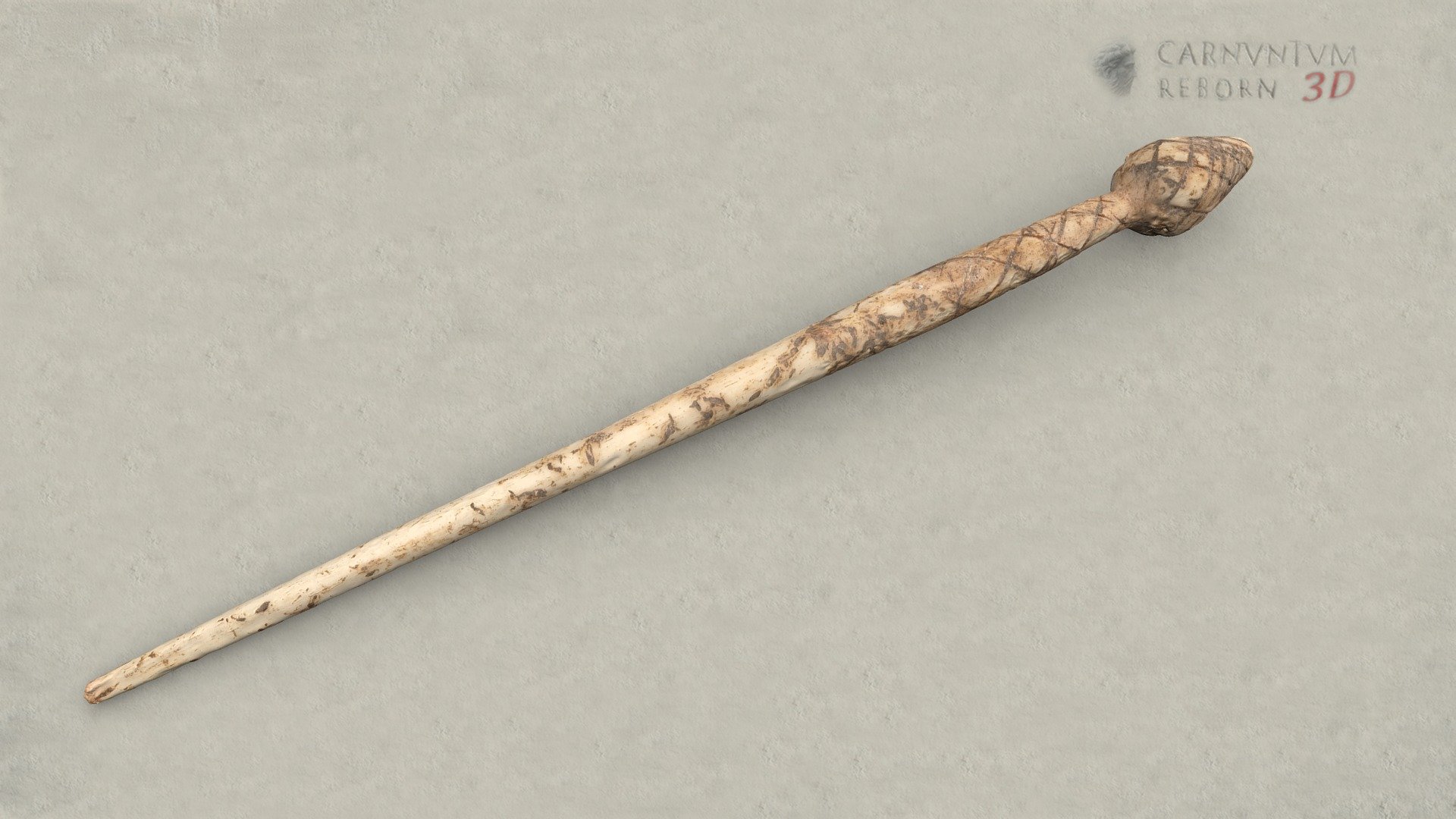Roman hairpin with pine cone head. Head and parts of the pin are decorated with diagonal mesh. Bone; l 9,8 cm.

Model: © Landessammlungen Niederösterreich, Niederösterreich 3D - Haarnadel - 3D model by noe-3d.at (@www.noe-3d.at) 3d model