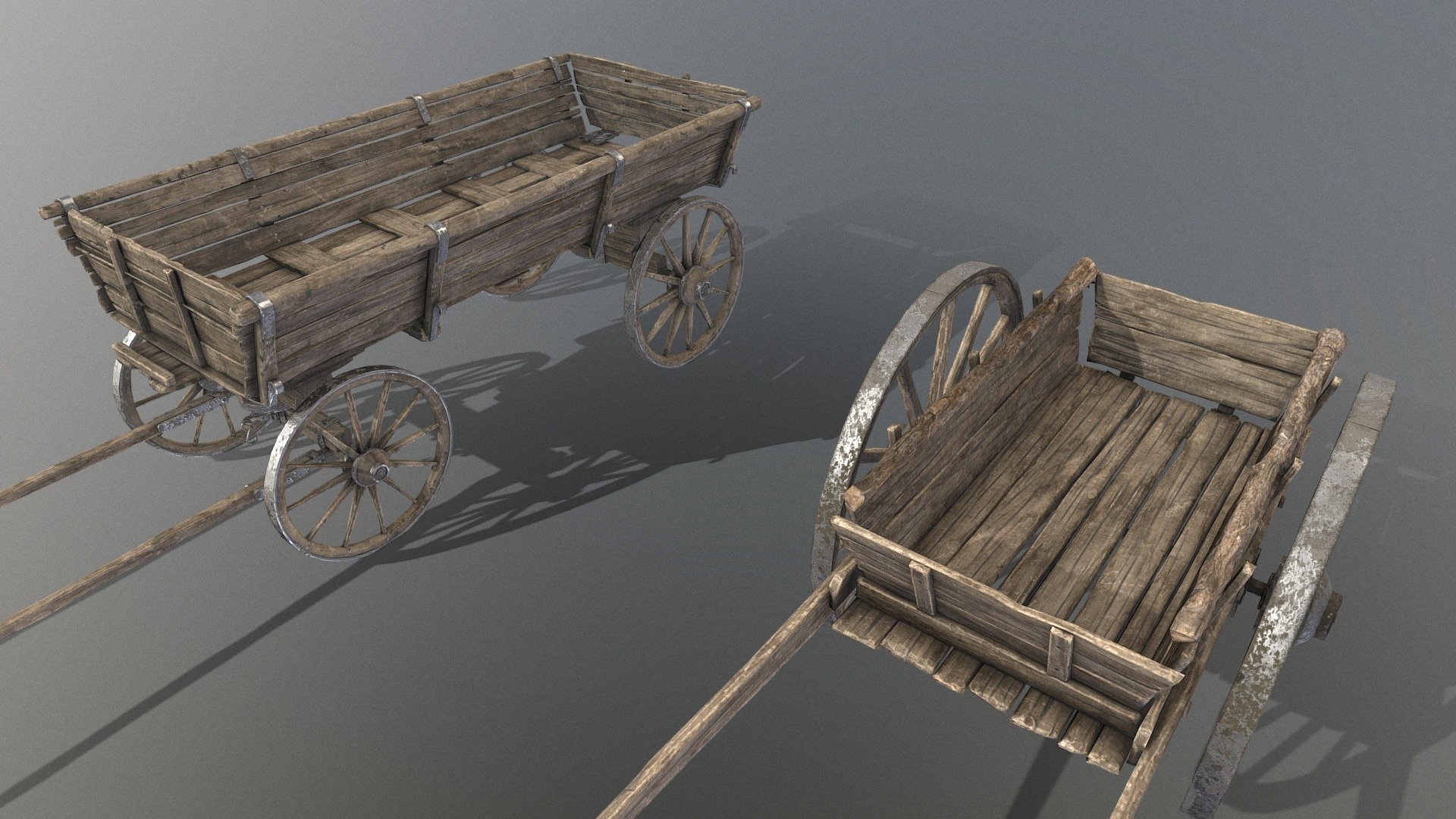 small duo Low poly old fashioned small and big haycart.

1 groupmesh (cart,back and wheels)
2 material of 4k (for each cart)

Also, contain my meshmaps of my baking result if you wish to make your own textures on it and the FBX with groupmodels.

Individual carts  -small- https://sketchfab.com/3d-models/small-oldfashioned-cart-5f66f36c1d0d41f3a385be01bfab2906
                              -big - https://sketchfab.com/3d-models/wooden-cart-8e3d1ad1562043148a93cb3d718e1806 - Pack of oldfashioned wooden carts - Buy Royalty Free 3D model by JB3D (@taz83) 3d model