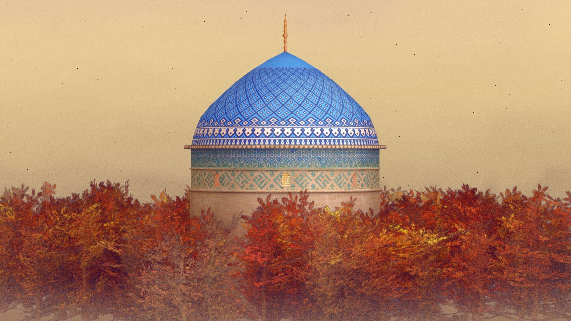 A fully procedural Islamic dome. Both the model and texture are procedurally done in geometry nodes and materials in Blender 3D. The dome design is based on the main mosque of Yazd. Yazd is a historic city in the center of Iran, and  a world UNESCO site. The city is iconic for its adobe houses and endless towers.

The tower itself has a Timurian (Tamerlane) architecture. The dome part contains a set of repeating geometrical patterns, followed by two sections of caligraphy. The upper part is knotted Kufic calligraphy, it says Mecca ( مکه), the holy city of Islam. The second row is square Kufic calligraphy, reading Allah and another word I cant read. 
You can grab the Blend file to here for your own use https://github.com/IRCSS/Procedural-Islamic-Dome-Generator - Islamic Dome - Yazd - Download Free 3D model by Shahriar Shahrabi (@shahriyarshahrabi) 3d model