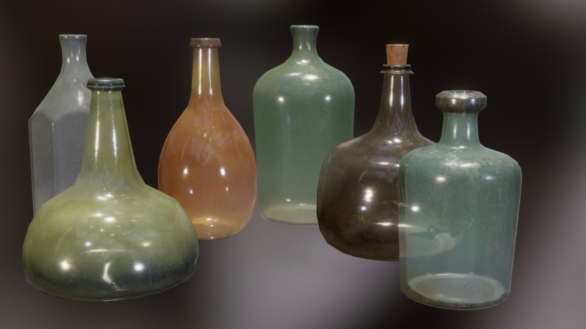 A collection of 16th century glass bottles of various styles. Assets are game-ready and share a single 2k texture set.
Includes LOD0-LOD3 for each bottle.
Split into 3 materials with the same textures (glass outer, glass inner and cork) - Antique Glass Bottles - Buy Royalty Free 3D model by ChickenHatMan 3d model