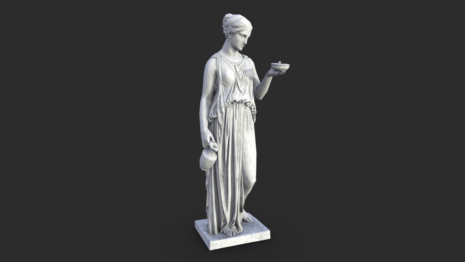This Hebe Antique Statue in granite material includes 5 LODs and a collider set. 

The asset is available in realistic style and can be used in any game (post-apo, first person shooter, GTA like, historical… ). All objects share a unique material for the best optimization for games.

This AAA game asset of an antique sculpture will embellish you scene and add more details which can help the gameplay and the game-design or level-design.

All textures are PBR ready and available in 4K.

Low-poly model &amp; Blender native 3.3

SPECIFICATIONS


Objects : 1
Polygons : 4014
Render engine : Eevee (Cycles ready)

GAME SPECS


LODs : Yes (inside FBX for Unity &amp; Unreal)
Numbers of LODs : 5
Collider : Yes

EXPORTED FORMATS


FBX
Collada
OBJ

TEXTURES


Materials in scene : 1
Textures sizes : 4K
Textures types : Base Color, Metallic, Roughness, Normal (DirectX &amp; OpenGL), Heigh, AO (also Unity &amp; Unreal ARM workflow maps)
Textures format : PNG
 - Hebe Statue - Granite - Buy Royalty Free 3D model by KangaroOz 3D (@KangaroOz-3D) 3d model