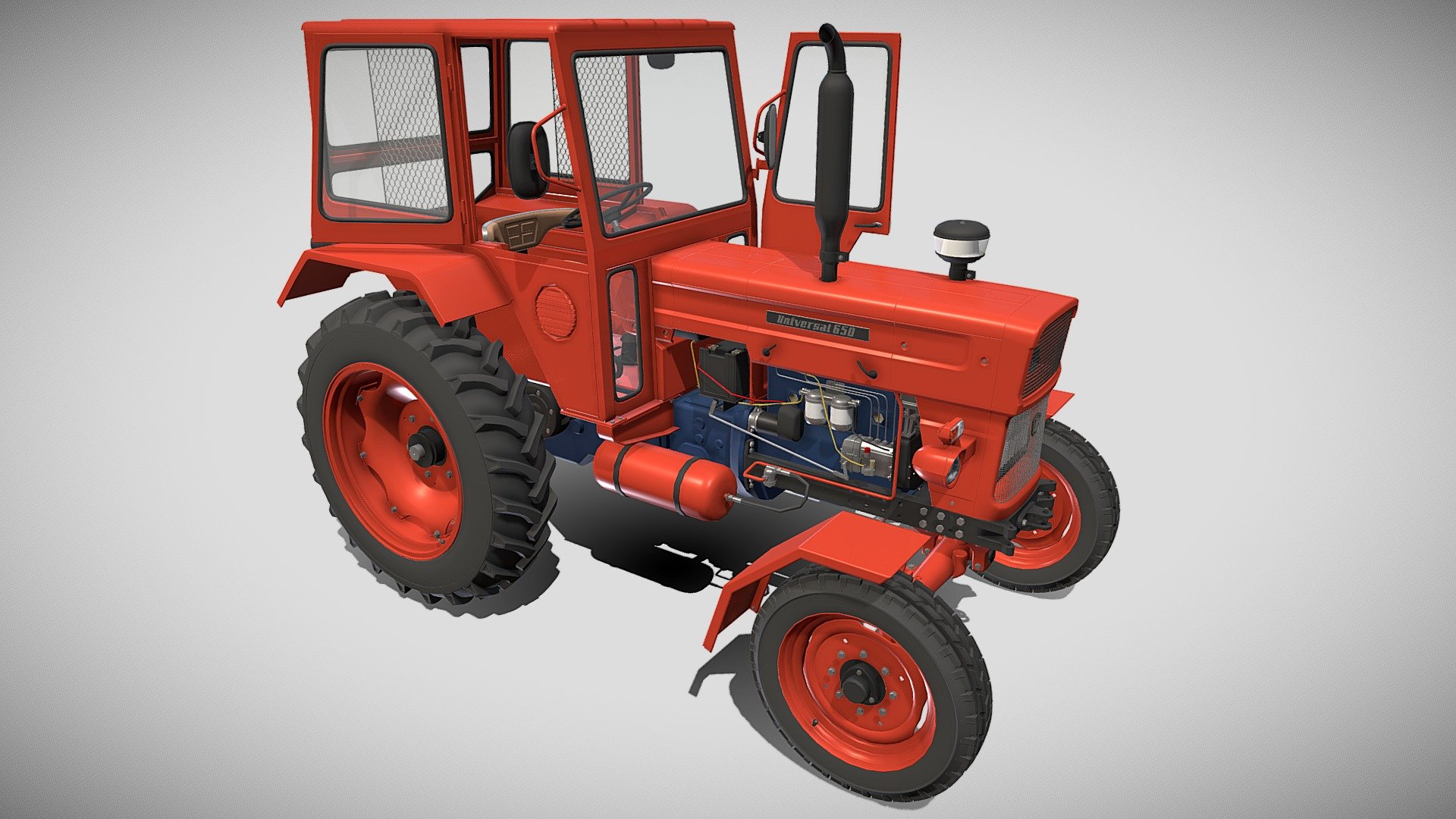 Highly detailed Tractor 3d model rendered with Cycles in Blender, as per seen on attached images.

The model is very intricately built, it has the transmission and engine, with cooling for oil and water, injection pump, fuel lines, compressed air circuit, electric circuit modeled. Some of these elements cannot be seen on the main renders, so I have also rendered the chassis in order to showcase them.

The 3d model is scaled to original size in Blender.

File formats:

-.blend, rendered with cycles, as seen in the images;

-.blend, rendered with cycles, as seen in the images, with doors open;

-.obj, with materials applied;

-.obj, with materials applied, with doors open;

-.dae, with materials applied;

-.dae, with materials applied, with doors open;

-.fbx, with materials applied;

-.fbx, with materials applied, with doors open;

-.stl;

-.stl, with doors open;

Files come named appropriately and split by file format.

3D Software:

The 3D model was originally created in Blender 2.8 and rendered with Cycles 3d model