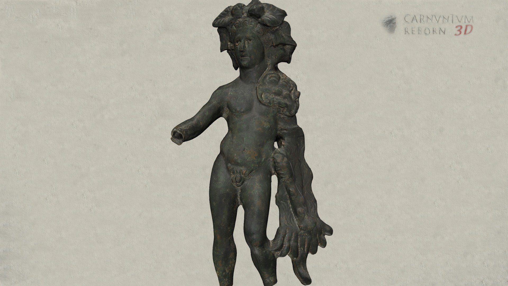 Roman statuette of Heracles. The statuette is missing both feet and the right hand. The youthful, unbearded Heracles wears a large-leaved wreath of ivy with fruit (corymb) in his hair. The lion's skin is thrown over the left shoulder and arm, with the lion's head resting on the shoulder and the paws and tail hanging down to the calf. The outstretched right hand was perhaps holding a drinking vessel, the left is propped on the hip and holding the club. There is a certain pathos in the serious facial expression, the lips are slightly open, the pupils were probably set in silver. The hairstyle is reminiscent of portraits of Alexander the Great. Judging by the execution and style, it must be an imported piece, probably from Italy. Bronze, h 12 cm; 1st-2nd century AD.

Model: © Landessammlungen Niederösterreich, Niederösterreich 3D - Herkulesstatuette - 3D model by noe-3d.at (@www.noe-3d.at) 3d model