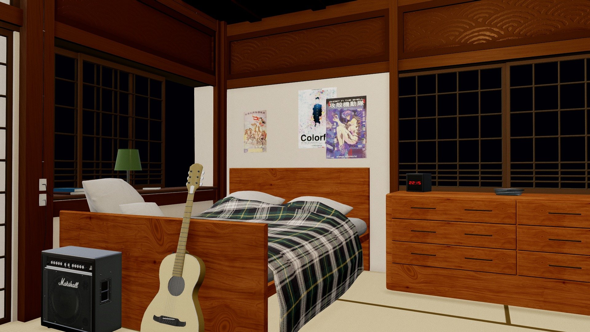 A small one-week project. Japanese bedroom environment model in Maya and textured with Substance Painter.
I was inspired by the illustration of arsenixc. http://arsenixc.deviantart.com/art/Room-594510284 - Japanese Bedroom - 3D model by Johanne Koffi (@JohanneK) 3d model