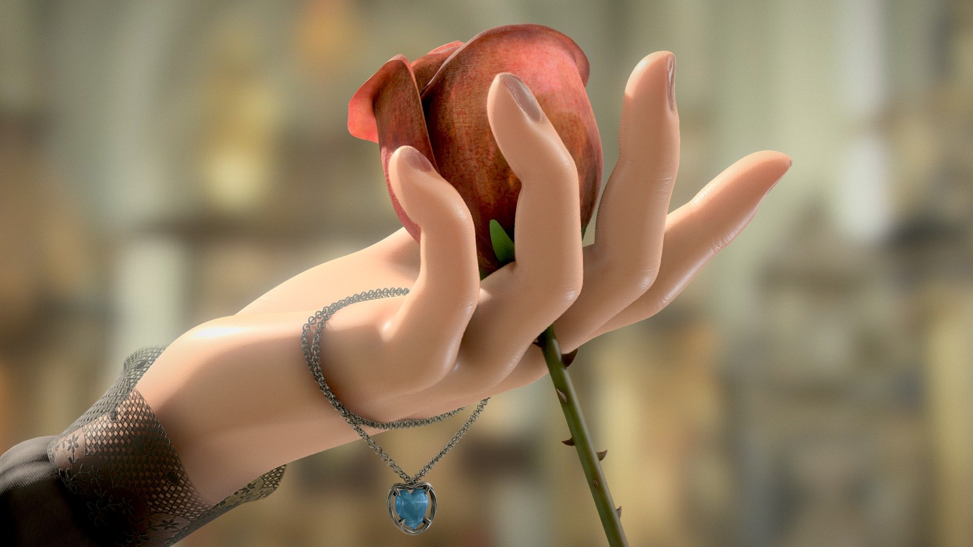 A one-day project. I've had this idea for a mournful hand clasping a rose for a while, but it never felt complete. Adding the pendant and chain I felt really added the needed story to really bring the piece together. 

Hand model was from MakeHuman, all else I modelled in Blender. Textures were done in Substance Painter, then brought back into Blender 2.79 for rendering using the Principled BSDF for most surfaces, except the topaz crystal heart, which was done with my own custom absorption glass shader.

Full artwork on ArtStation here.

 - The Rose - 3D model by Blackhart 3d model