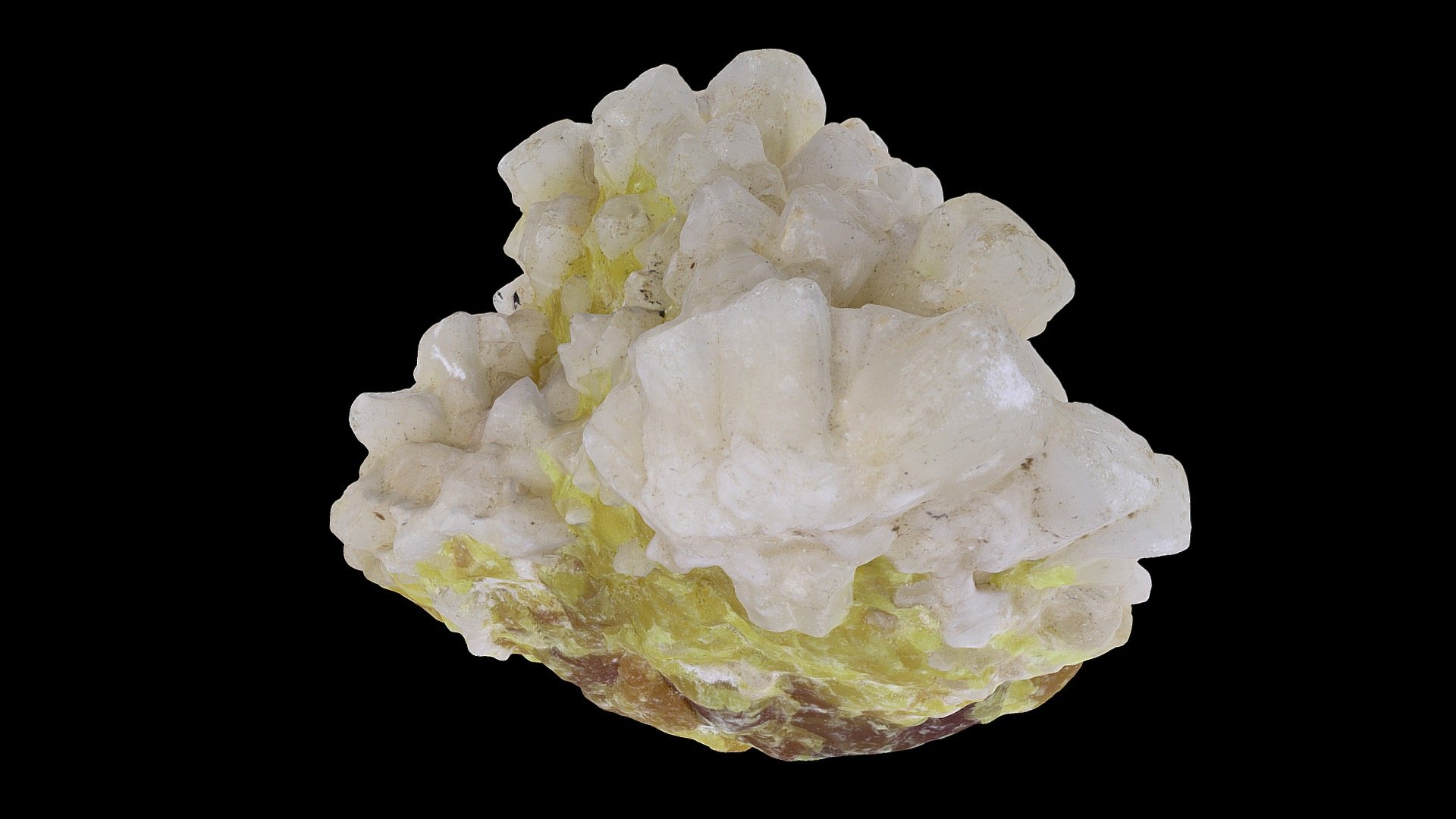 Celestite is strontium sulfate. It is commonly blueish, but this sample (accompanied by yellow native sulfur) is white,  The specimen is 9 cm in longest dimension, - Celestite with sulfur, Lampasas TX, #844, 6-11 - Download Free 3D model by rocksandminerals 3d model
