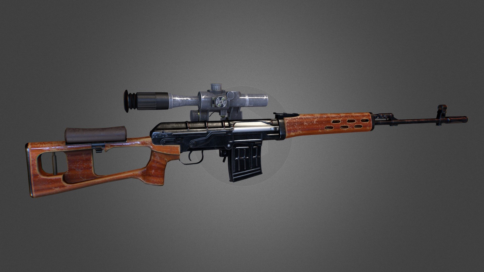 Dragunov Sniper Rifle - SVD low-poly 3d model ready for Virtual Reality (VR), Augmented Reality (AR), games and other real-time apps.

The Dragunov sniper rifle (formal Russian: 1963 Snayperskaya Vintovka sistem'y Dragunova obraz'tsa 1963 goda (SVD-63), officially &lsquo;Sniper Rifle, System of Dragunov, Model of the Year 1963') is a semi-automatic sniper/designated marksman rifle chambered in 7.6254mmR and developed in the Soviet Union.





Game ready model. All objects subdivided for animations, correct pivots.




Full PBR Metalness textures:




Rifle 4096x4096 : 



Albedo 

Normal 

Roughness 

Metallic 


AO




Scope 2048x2048:






Albedo 

Normal 

Roughness 

Metallic 

AO
 - Dragunov Sniper Rifle - SVD - 3D model by B1endMan 3d model