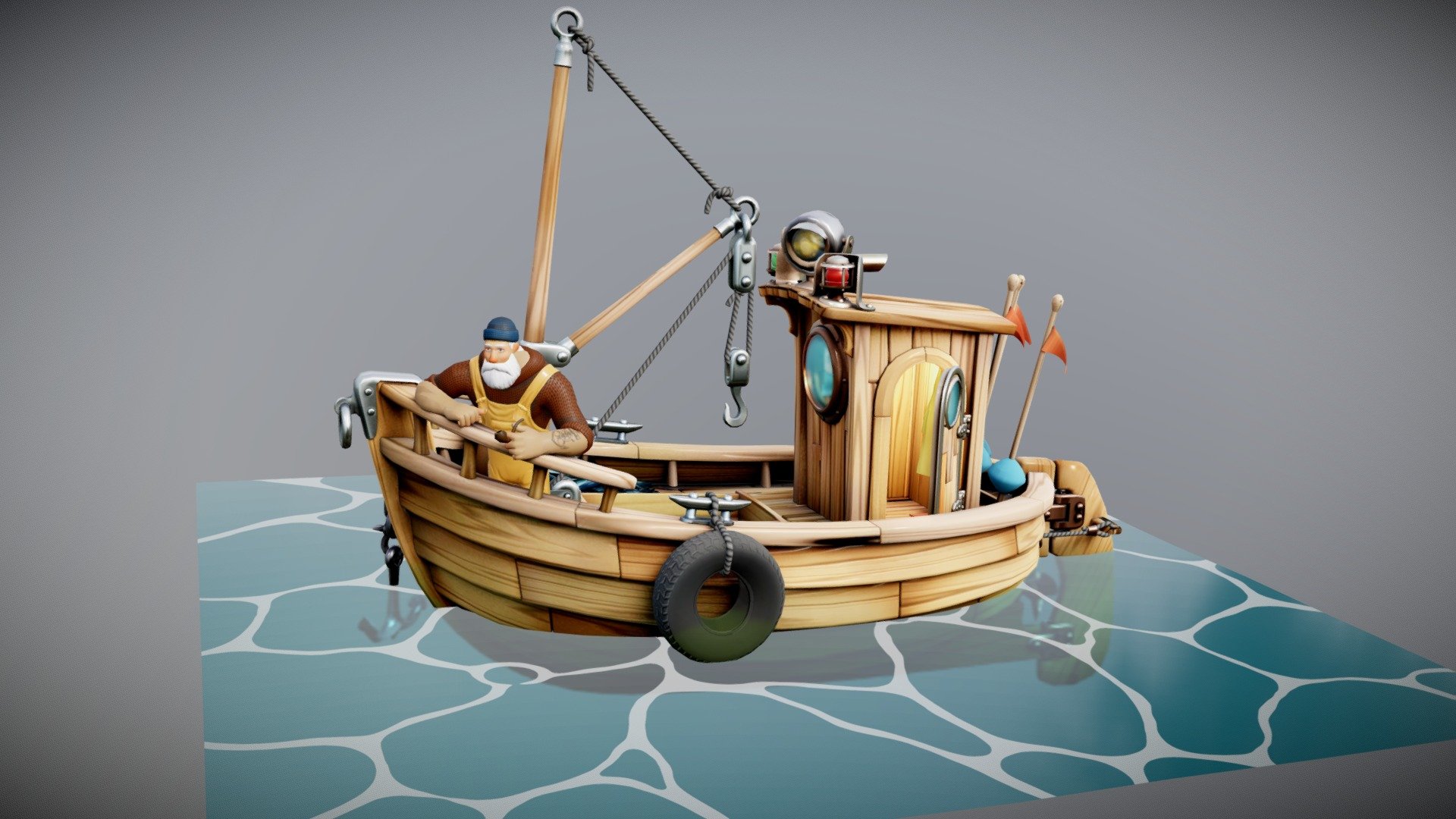 The fisherman is resting after the hard work on his boat gently swaying in the waves. The charge is full of fish 3d model