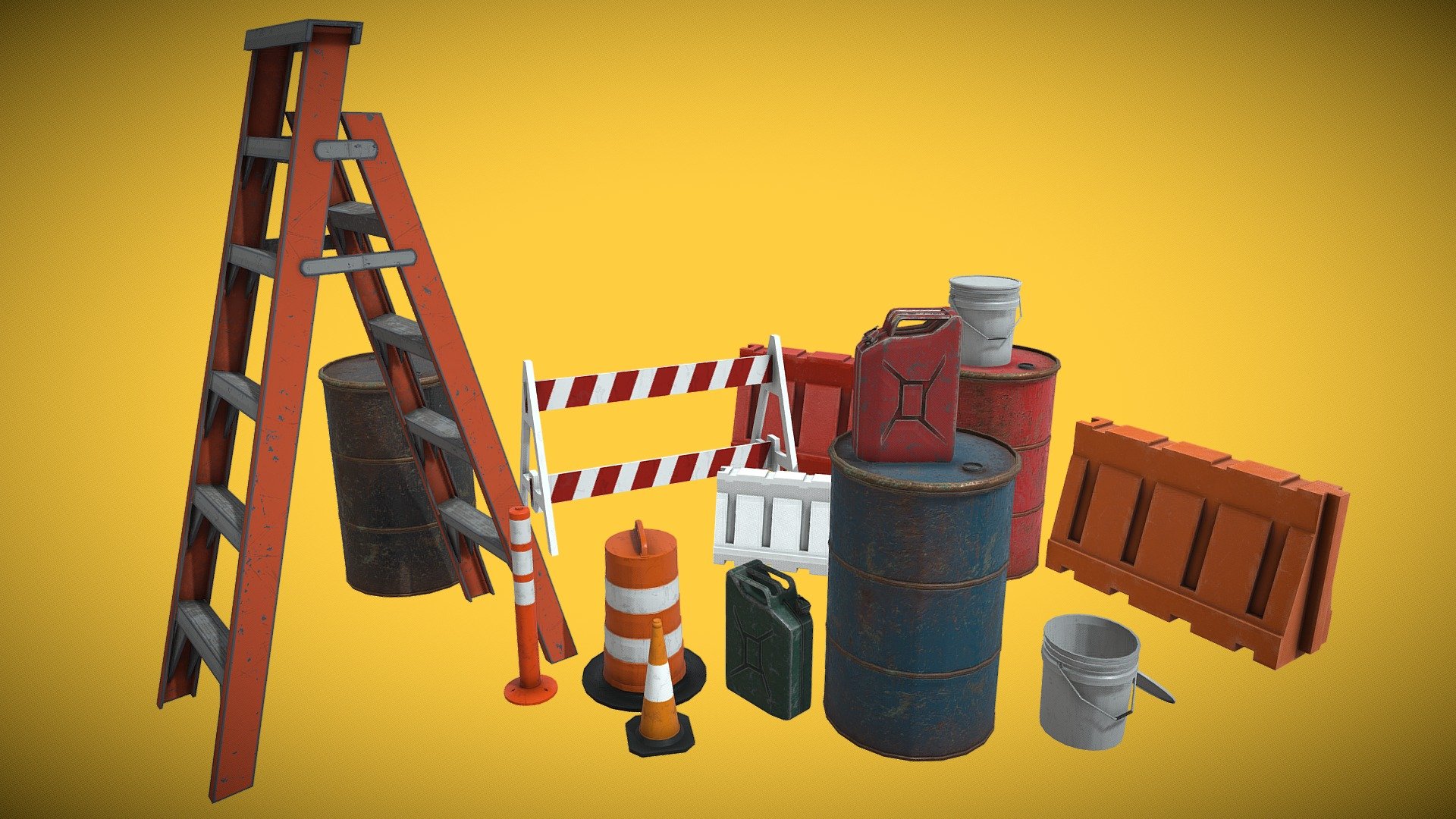 Low Poly urban prop pack of game ready models with PBR textures.

Textures included: Albedo, Normals, Metalness, Roughness, AO

I used autodesk maya 2020 for madeling and substance painter for texturing.

Pack included:

Gallon_drum / 2k textures / 3 different color / 3 different variation

Ladder / 2k texture

Plastic_jersey / 1k texture  / 3 different color

Gasoline_gallon / 2k textures / 2 different color / 2 different variation

Bucket / 1k textures

Road_barrier / 1k texture

Traffic_cone / 1k texture

Traffic_drums / 1k texture

Traffic_Delineator / 1k texture

Units : centimeter

All objects in the scene included in pack

These models can be used for any game, any project, etc. You may not resell any content
 - Urban_prop_pack02 - Buy Royalty Free 3D model by peyman.khaleghi 3d model