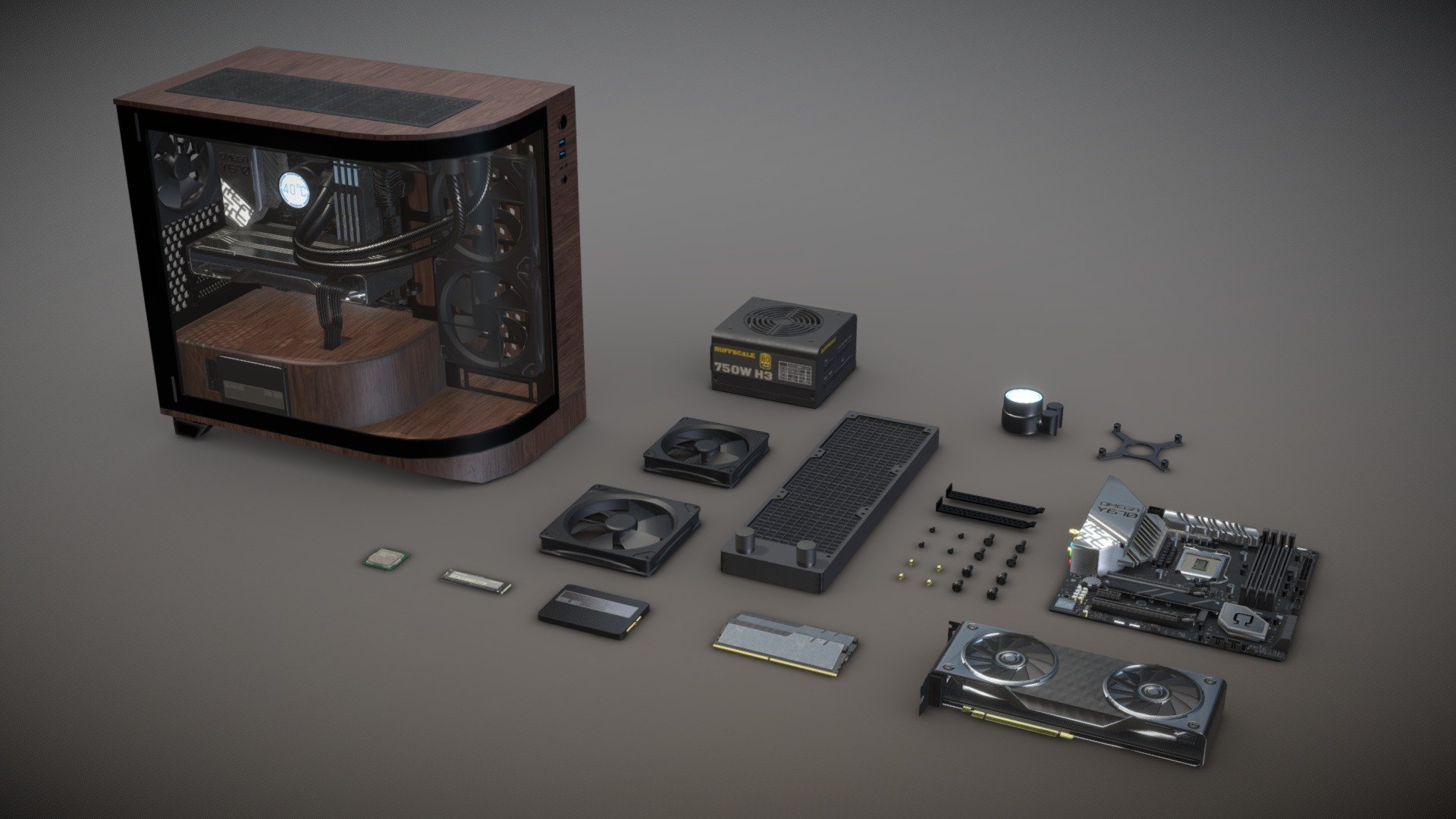 This model is based off of my old computer model with updated meshes and textures. Some parts are also completely new, like the custom designed case. Parts include : 




CPU

M.2 SSD

2.5 Inch SSD

RAM

Graphics Card

Radiator (260mm)

Fans (140mm and 120mm)

Power supply

CPU cooling block and mount

Screw set

Case (Removable front, back, top mesh and mount brackets)

There are also some cable ends for things like power and SATA in the case, so incase those are needed they're there. (Pun intended)
If you need free versions of similar assets, check out my original, &ldquo;Dream Computer Setup