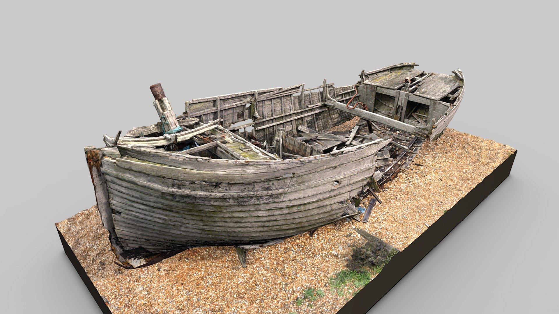 An abandoned wooden boat on Dungeness Nature Reserve, Kent, England.

382 photos taken in August 2023 with a Sony a7R III and processed in Reality Capture.

Textures: 8192 x 8192 pixels diffuse map. 8192 x 8192 pixels normal map (generated from very high resolution raw scan) 3d model