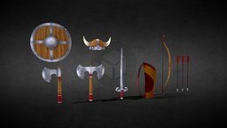 Hand painted Medieval Weapons medieval, arc, metal, old, vikings, game, weapons, lowpoly, sword, war, shield