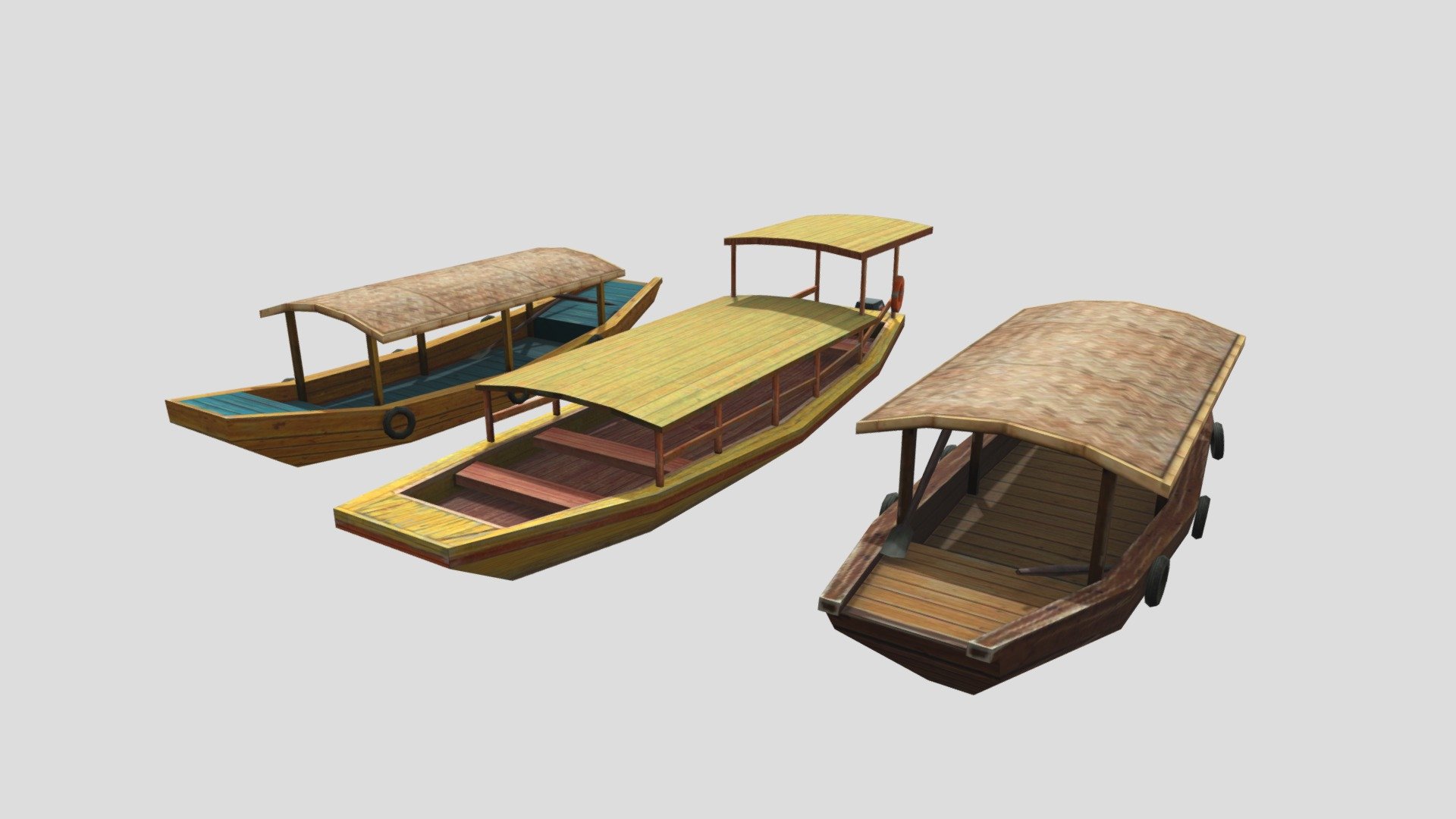 Wooden Boats
The model has an optimized low poly mesh with the greatest possible number of simplifications that do not affect photo-realism but can help to simplify it, thus lightening your scene and allowing for using this model in real-time 3d applications.

Real-world accurate model.  In this product, all objects are ERROR-FREE and All LEGAL Geometry. Subdivisions are not required for this product.

Perfect for Architectural, Product visualization, Game Engine, and VR (Virtual Reality) No Plugin Needed.

Format Type




3ds Max 2017 (standard shader)

FBX

OBJ

3DS

Texture

1 material used and texture use for each model. Total 3 diffuse texture only, No other texture.

You might need to re-assign textures map to model in your relevant software - Wooden Boats - Buy Royalty Free 3D model by luxe3dworld 3d model