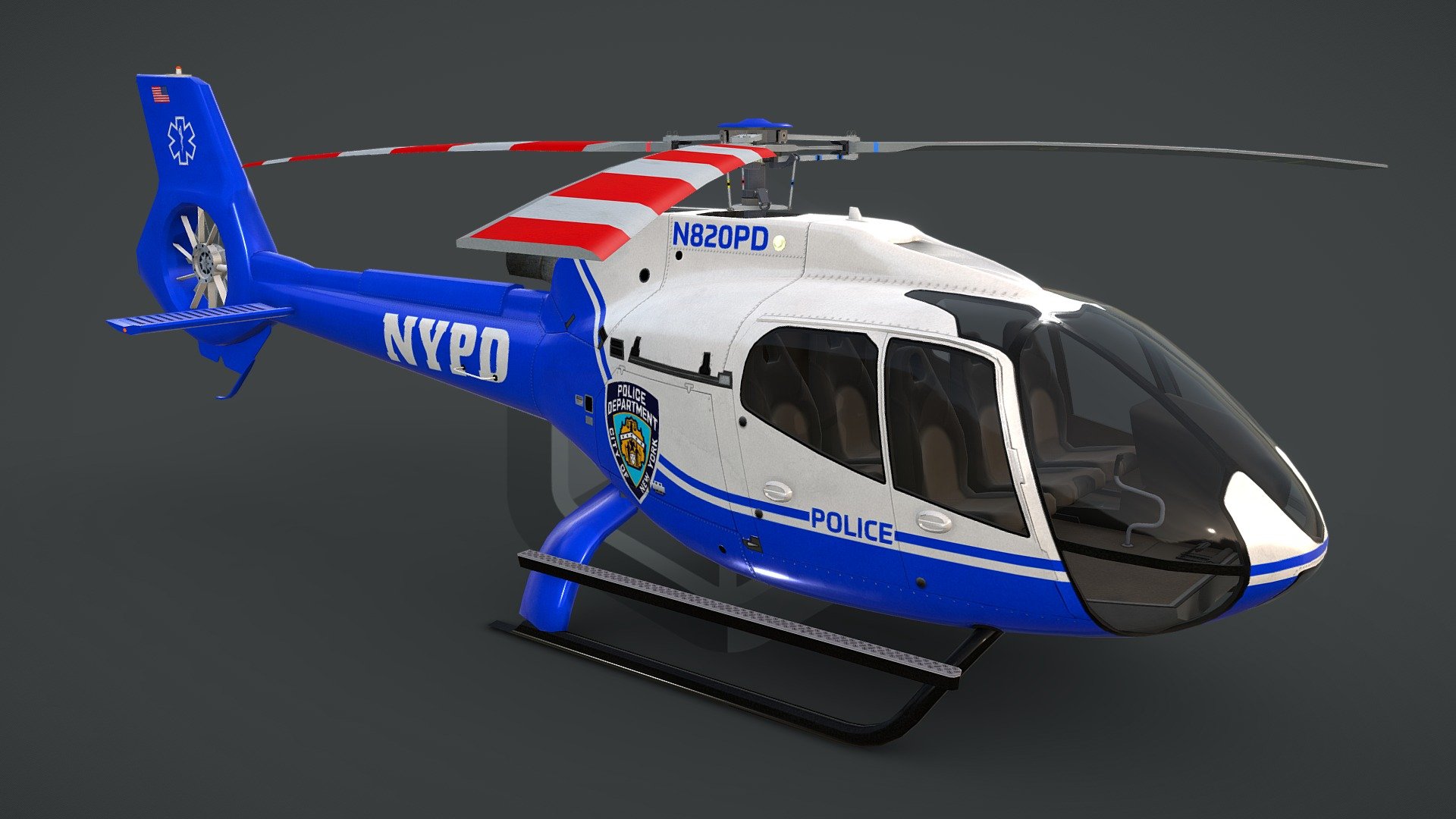 game ready, realtime optimized game asset

unique livery and branding

both PBR workflows ready

LOD0 is HQ lowpoly with bended top rotor, all lights objects and interior

LOD0 19710 tris, LOD1 10462 tris, LOD2 7388 tris, LOD3 5990 tris

100% triangulated and 100% unwrapped non-overlapping

5 x uv layouts, body, HQ rotors, LQ rotors, interior, lights

made using blueprints, real world scale meters

all rotors detached and animable in each LOD with properly placed pivots for flawless animations

hideable capsule built interior that fits perfectly the body

interior is simple but a great basis for further elaboration

big textures pack with native 4096 x 4096 px textures for body, rotors, interior

LOD3 rotors have own textures with blades on alpha channel

light objects have own, small, textures, and contain an emission map

pack contains native .max scene, created in 3dsmax 2014

pack contains clean and flawless FBX and OBJ files

each LOD and all LOD together exported in each file format
 - NYPD Helicopter EC130-H130 Livery 14 - Buy Royalty Free 3D model by CGAmp 3d model