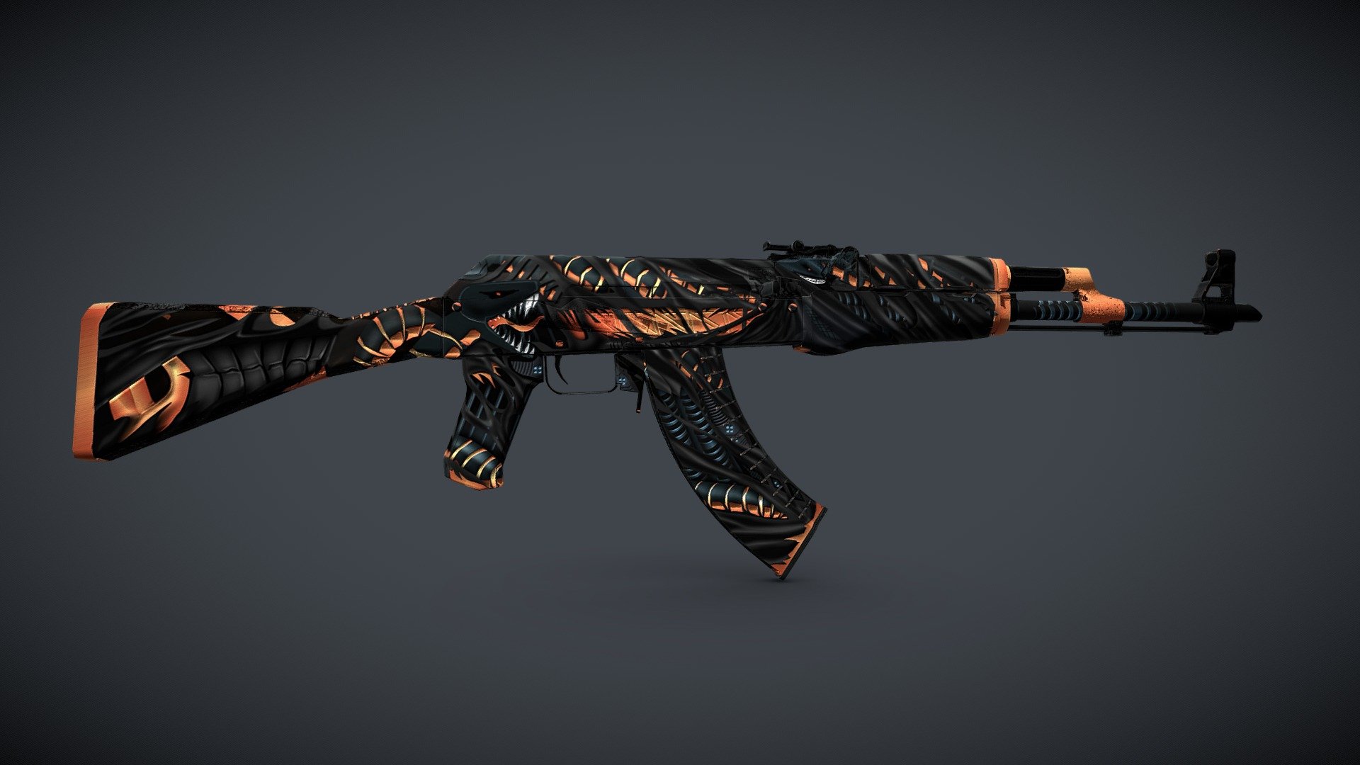 Link Workshop : https://steamcommunity.com/sharedfiles/filedetails/?id=775369146

My inspiration for this skin comes from some movies like Alien (1979), The Thing (1982), Predator (1987), Enemy (1985), Contamination (1981) or Extra sangsues (1986). 

The drawing represents the skin of the alien. The color blue symbolizes electronics and orange color is here to represent the energy. We can see different Alien faces on the skin. Thanks to lights and shadows, the drawing is in relief..and comes alive ! 

The difficulty was to adapt it on each item knowing that AK-47 (UV). 
The black skin represents Xenomorph’s skin in Alien 3d model