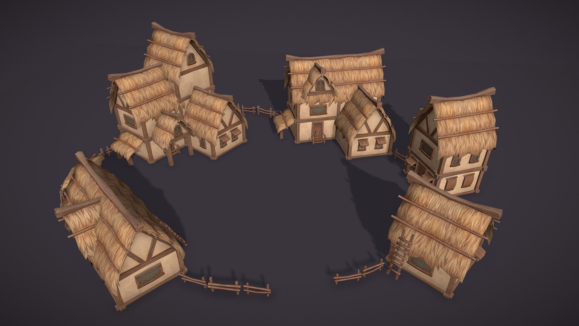 Low poly hand painted constructor for creation medieval thratched roof houses. Added 5 custom houses ready for mobile games




.fbx format

4000 polys in biggest house

5 models of houses, shelter, fence 

texture: diffuse map 1024px in .png format

20 parts set for creating new houses: roof, wall, fence, door, window and others

If you have any troubles be free to write me - Thatched houses constructor - 3D model by cattleya 3d model