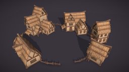 Thatched houses constructor fence, set, medieval, roof, parts, window, barn, park, town, shelter, constructor, thatched, handpainted, lowpoly, house, home, city, fantasy, modular, village, door