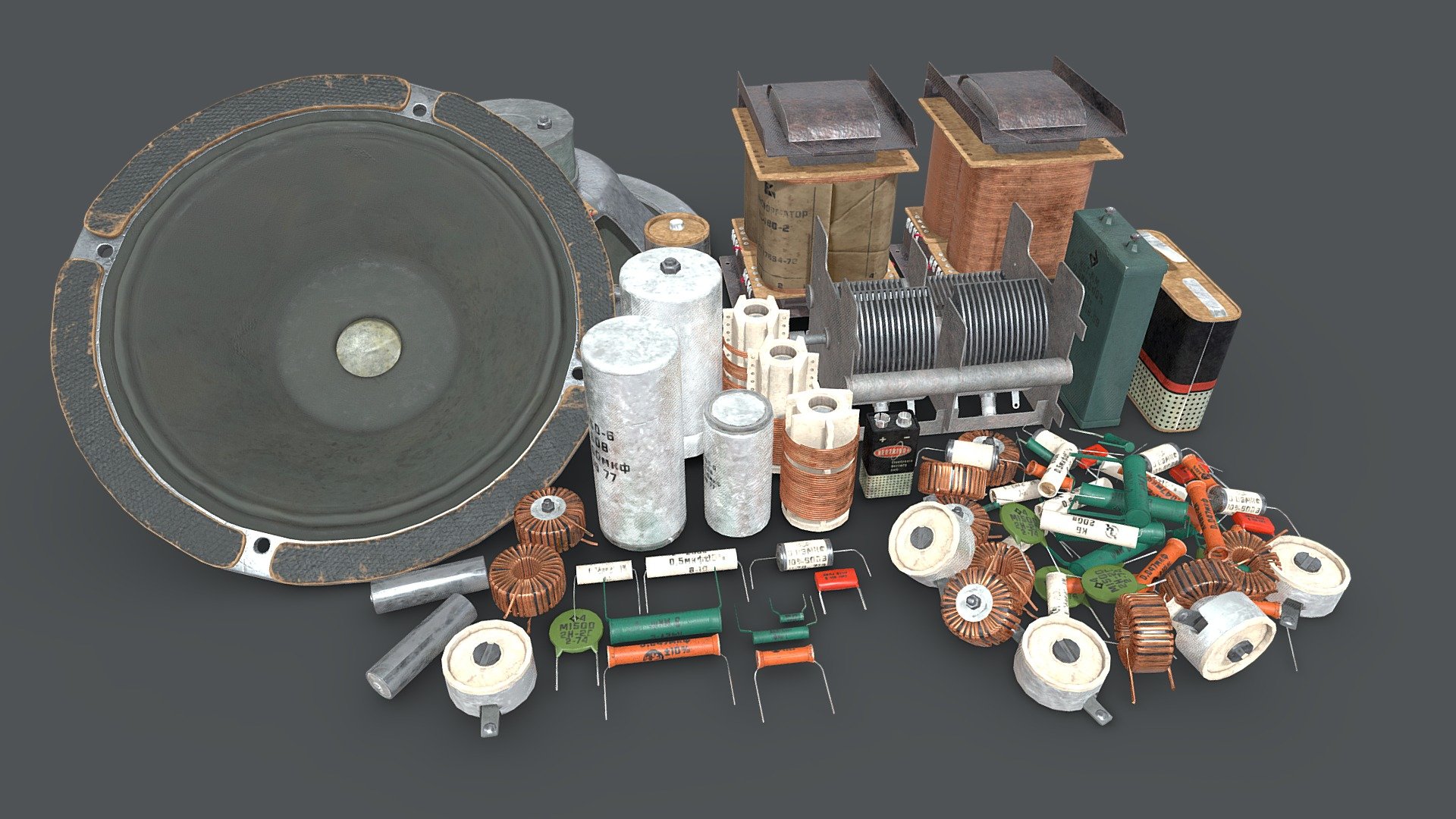Electronics component Pack 2. Soviet condensers,audio dynamics, inductions coil, transformators and other electronics element 3d model