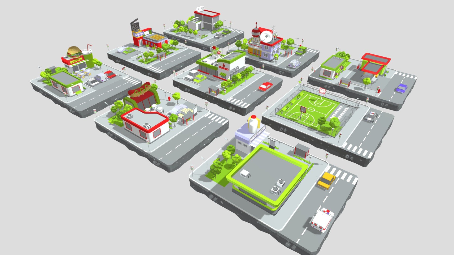 9 separate blocks with underground from &lsquo;Cartoon Low Poly City' pack in my collection.

The models has good level of detail within the minimalist animation style. Correct and simple mesh, all models are made in rectangles and triangles. Despite the high detailing, the models are not heavy and will open even on a weak computer. No additional plugins are used. Easily can be used in animation and games. Rendered in default 3ds Max Scanline Render, preview images rendered with exact light setup in 3ds Max scene.

Consists of 9 Blocks:
1. The Burger Block
2. The Stadium Block
3. The Hot dog Block
4. The Police office Block
5. The Cinema Block
6. The Supermarket Block
7. The Science Center Block
8. The Dairy Store Block
9. The Gas station Block

There are also 7 types of cars in the city:
1. Police car
2. Truck
3. Sports car
4. Sedan
5. SUV
6. Delivery truck
7. Ambulance - Cartoon Low Poly City - 9 Blocks - Buy Royalty Free 3D model by Danyiar (@daniyar_ab) 3d model