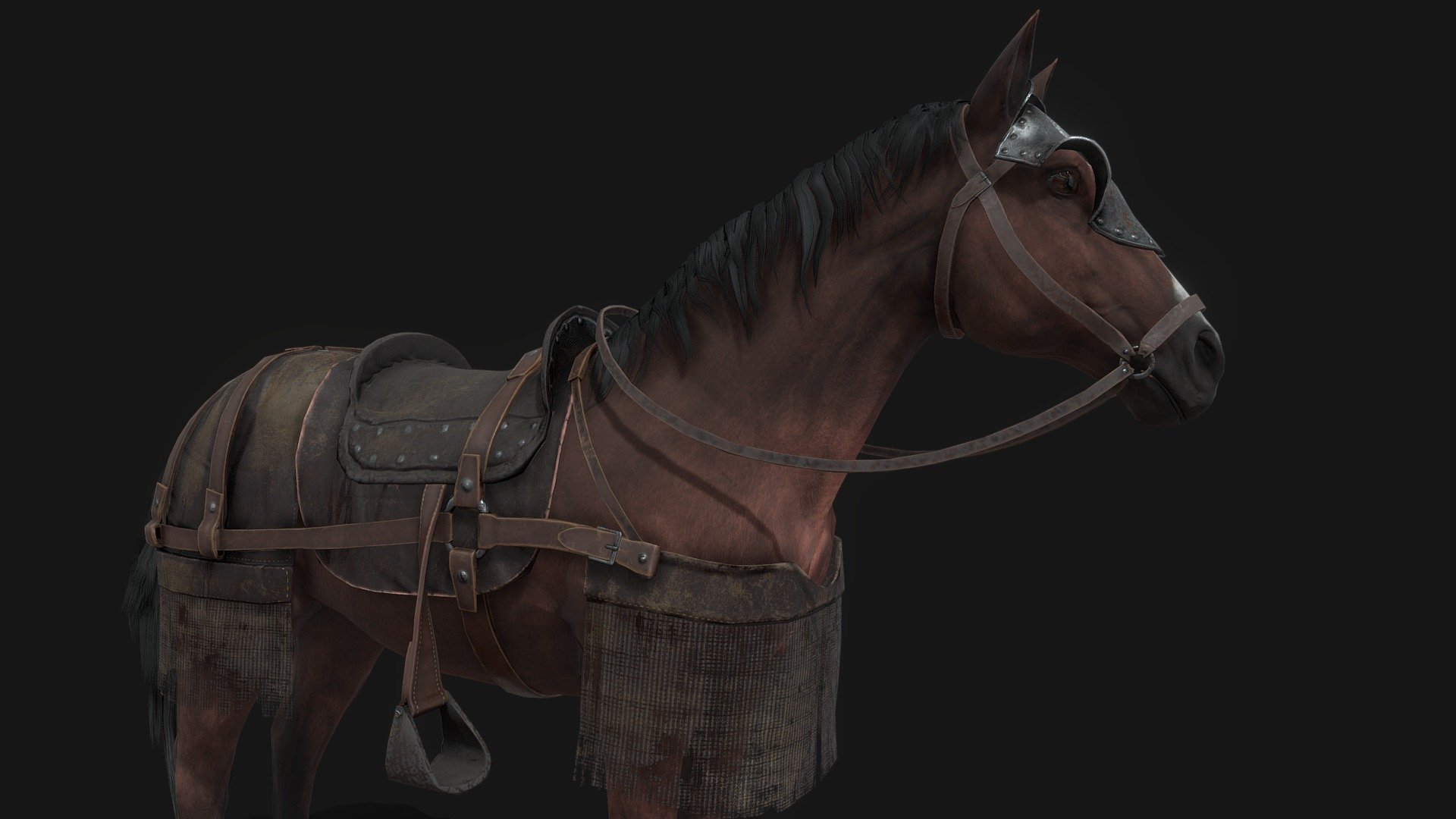 A suit of medieval Horse Armor! 
(Horse Animal is from Malbers Animations)

This is a medieval equipment set for a lowly knight’s warhorse. Textures are PBR including Albedo, Normal, Metallic, AO, and Roughness 4K textures in PNG format.

9801 Triangles 3d model