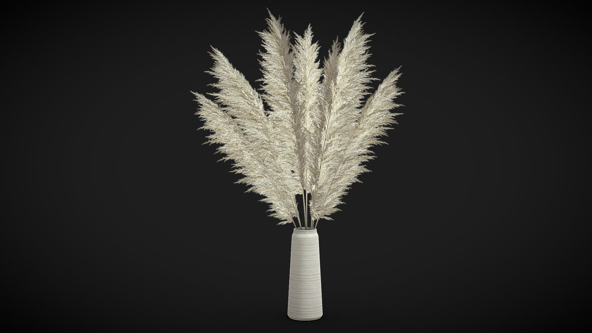 Pampas grass in a tall white clay vase.

Specification:




Model is in a real scale

Height: 103cm

Polygons: 70188

Verticles: 260459

Only Quads and Triangles used

Formats:




3ds max 2017 V-Ray (native)

3ds max 2017 Arnold

Cinema R20

Cinema R20 V-Ray

Blender Cycles

Unity 2020

Unreal Engine 5.1

FBX

OBJ

DWG
 - Pampas Grass II - Buy Royalty Free 3D model by Fusemesh 3d model