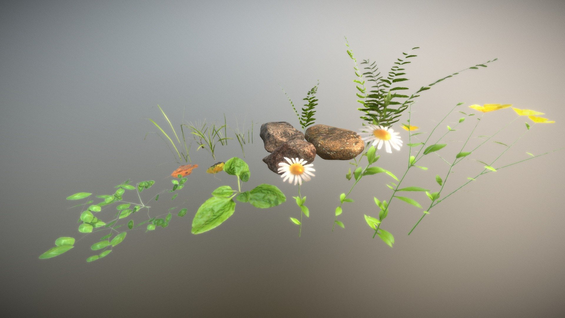 Easily Add Realistic Nature to any scene!
Tired of spending hours tediously modeling and texturing nature assets for all your scenes? So was I! And that's why I've created this pack of 19 different nature models to quickly add realistic nature to any render! 

Features
• 17 Professionally modeled and textured nature assets • 3 Rock models • 5  Grass models • 4 Flower models • 5 Weed/leaf models • 17 Unique nature textures • Easy to use material groups • Randomizing color on all assets • Easily add Subsurface Scattering • Glossy and Bump settings - Realistic Nature Asset Pack - Buy Royalty Free 3D model by CG Geek (@webhead) 3d model