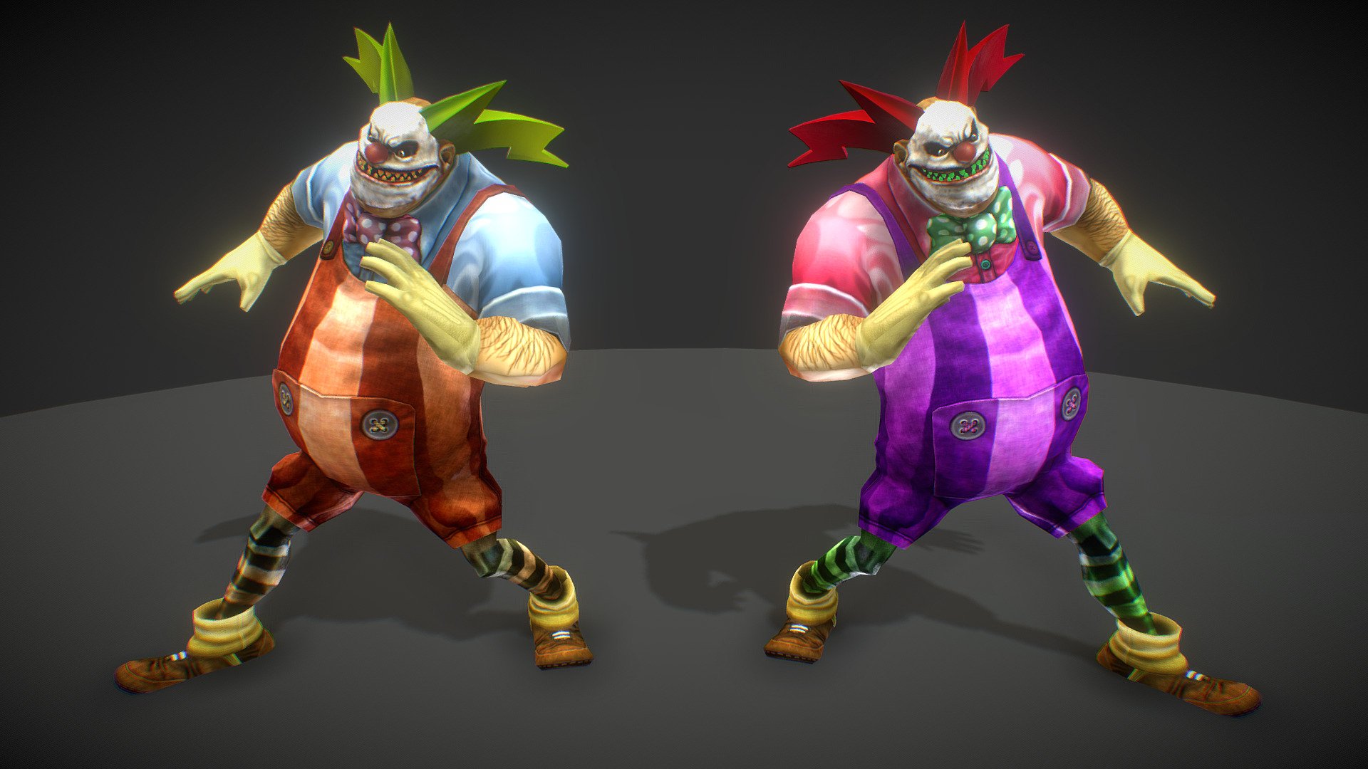 Here you have a terrifying clown for your horror / terror games.

KEY FEATURES:




Model is 6600 triangles.

Fully rigged.

Animations included: idle, walking, running and dying.

Basic character controller included.

Two materials.

Four diffuse textures (2K).

Three specular textures (2K).

Two normal textures (2K).

Two emissive textures (2K).

For Unity.
 - Horror Circus Clown - Buy Royalty Free 3D model by P3D Academy (@p3dacademy) 3d model