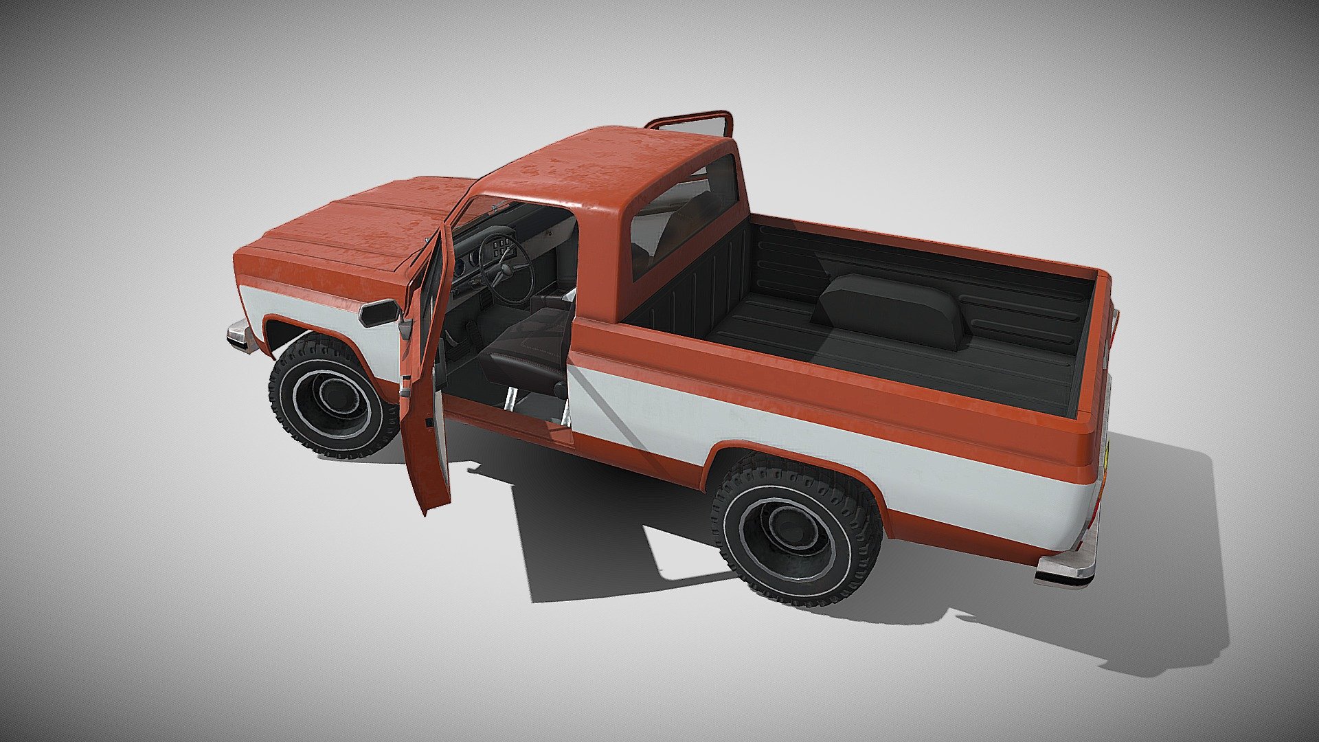 Lowpoly american pickup. Ready to use in game engines. Easy to apply to all kinds of car physics in Unity engine. The model is divided into parts: doors, glass, wheels and rear hood 3d model