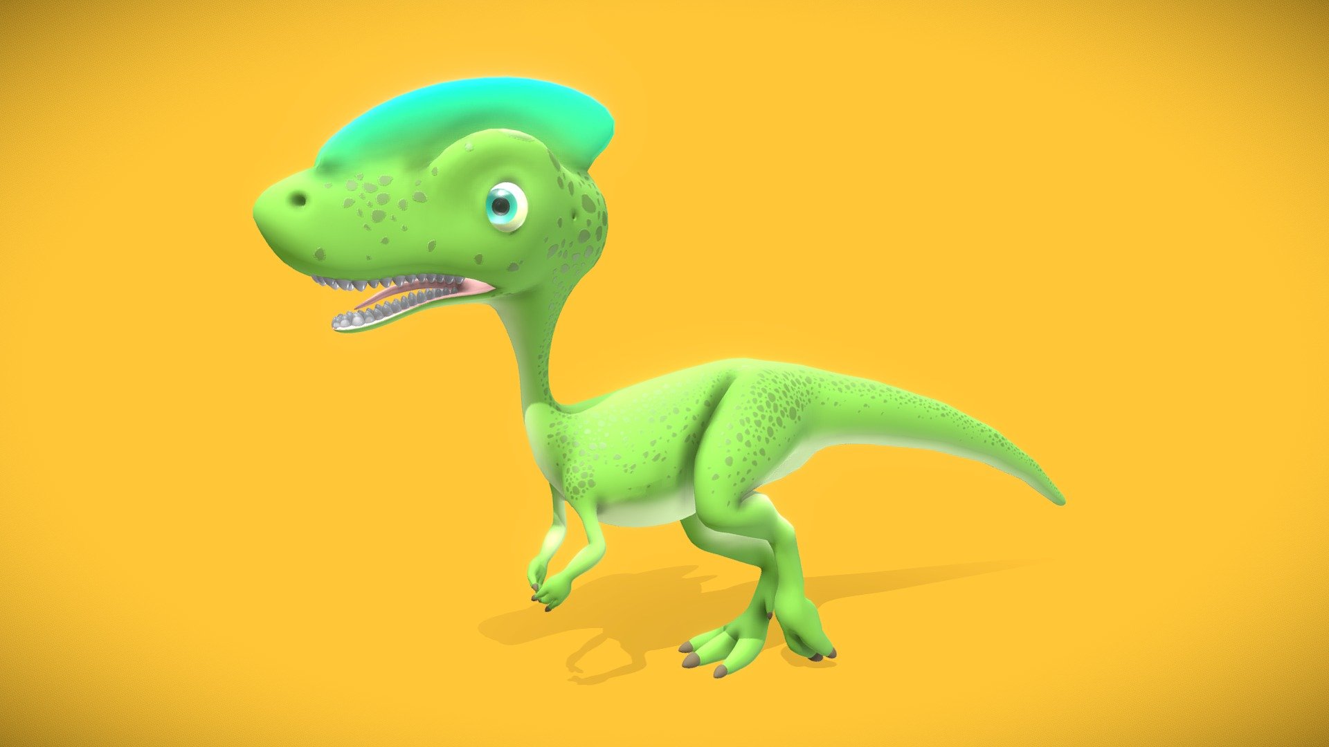 An animated cartoonish dinosaur, the dilophosaurus, I've made with Blender 3d model