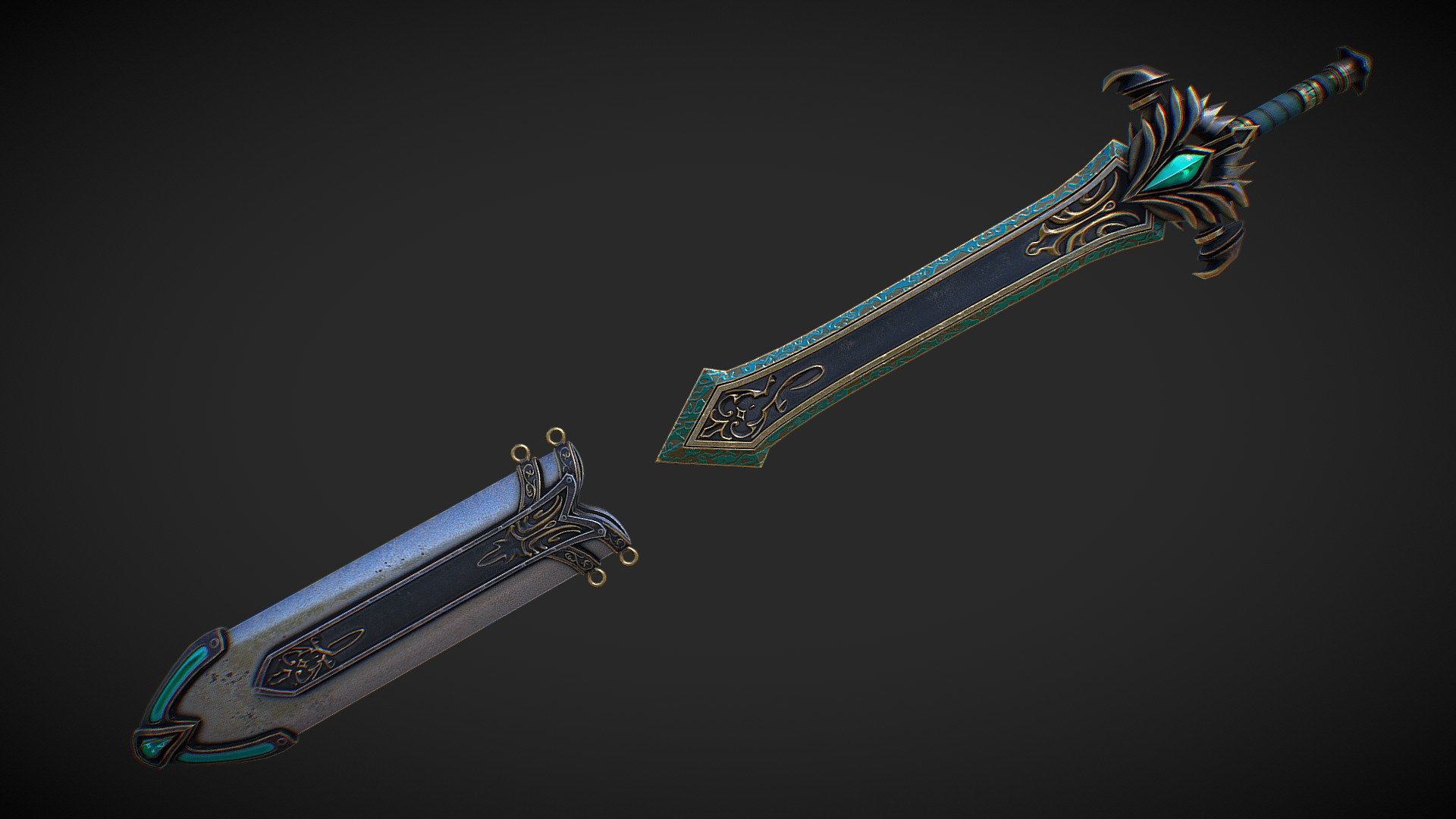 Hello. This is a high definition quality polygon of a Fantasy sword 25 with scabbard 3D Model with PBR textures. Extremely detailed and realistic. Suitable for movie prop, architectural visualizations, advertising renders and other. The archive includes Obj and FBX, Marmoset scene, textures for the Unity: Base color, Height, Metallic, Mixed AO, Normal_OpenGL, Roughness. And also included in the archive textures for UE: BaseColor, Normal, OcclusionRoughnessMetallic. All textures are 4k resolution. The number of materials corresponds to the number of main objects in the scene. The model contains 2 object: Fantasy_sword_25, Fantasy_sword 25_scabbard - Fantasy_sword_25_with_scabbard - Buy Royalty Free 3D model by Nicu_Tepes_Vulpe 3d model